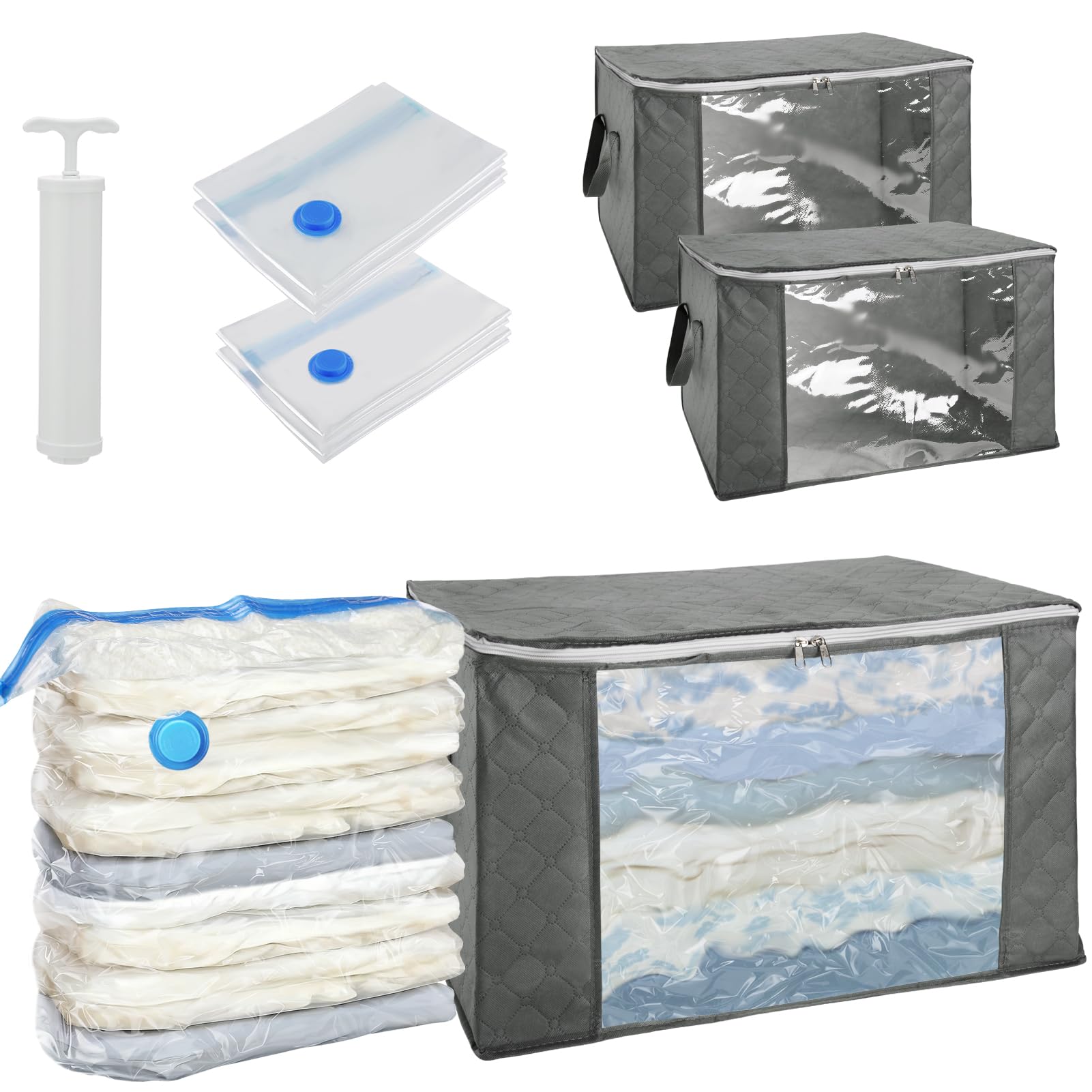 Vacuum Storage Bags with Storage Totes - 6Pcs Large Capacity Space Saver Bags for Clothes, Comforters, Blankets & Pillows | Airtight Compression Seal Organizers | Gray | Perfect for Seasonal Storage & Travel Packing