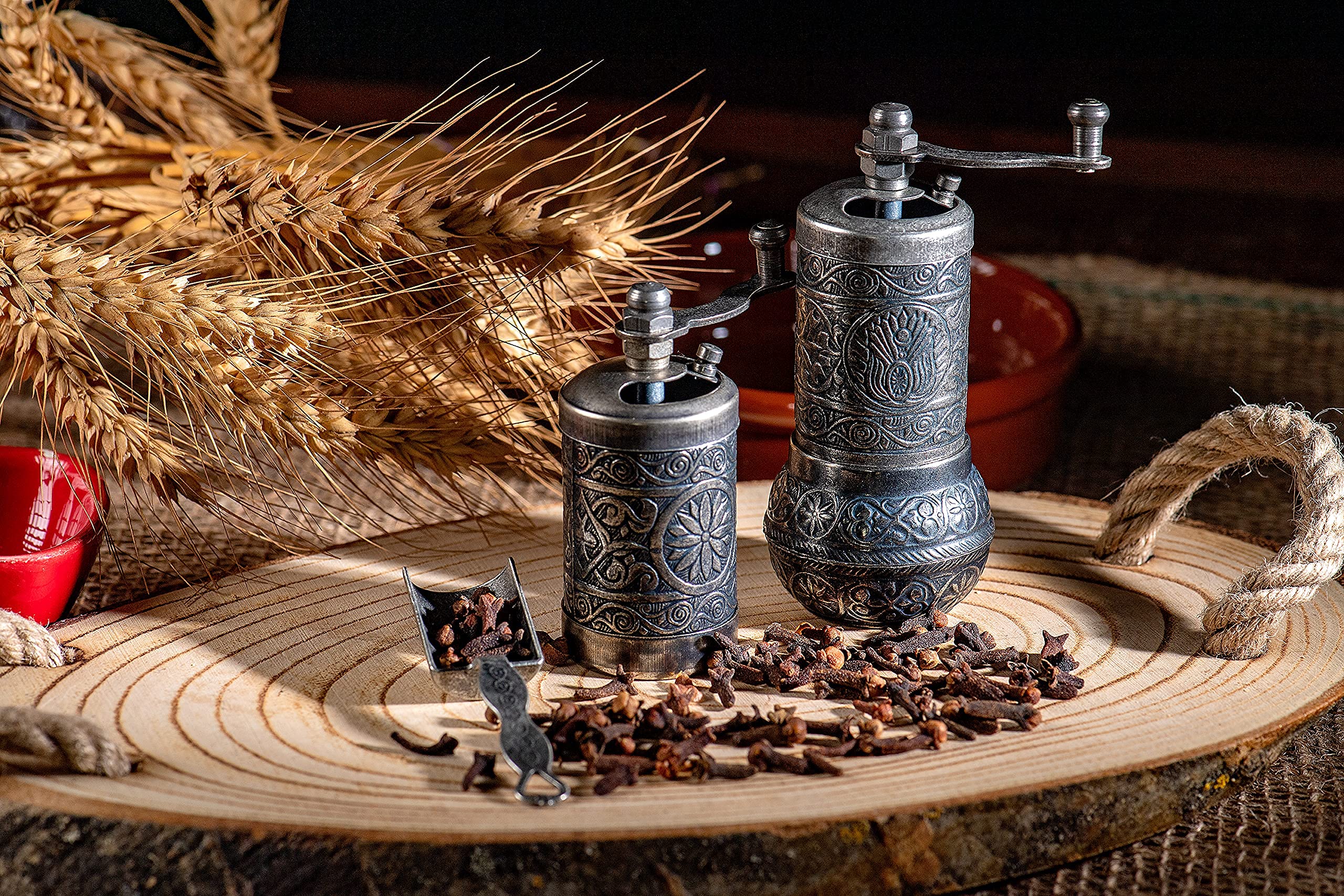 Premium 4-Piece Herb & Spice Grinder Set - Manual Crank Handle Pepper Mill for Freshly Ground Peppers, Herbs & Spices - Perfect for Cooking, Baking & Seasoning (Dark Silver)