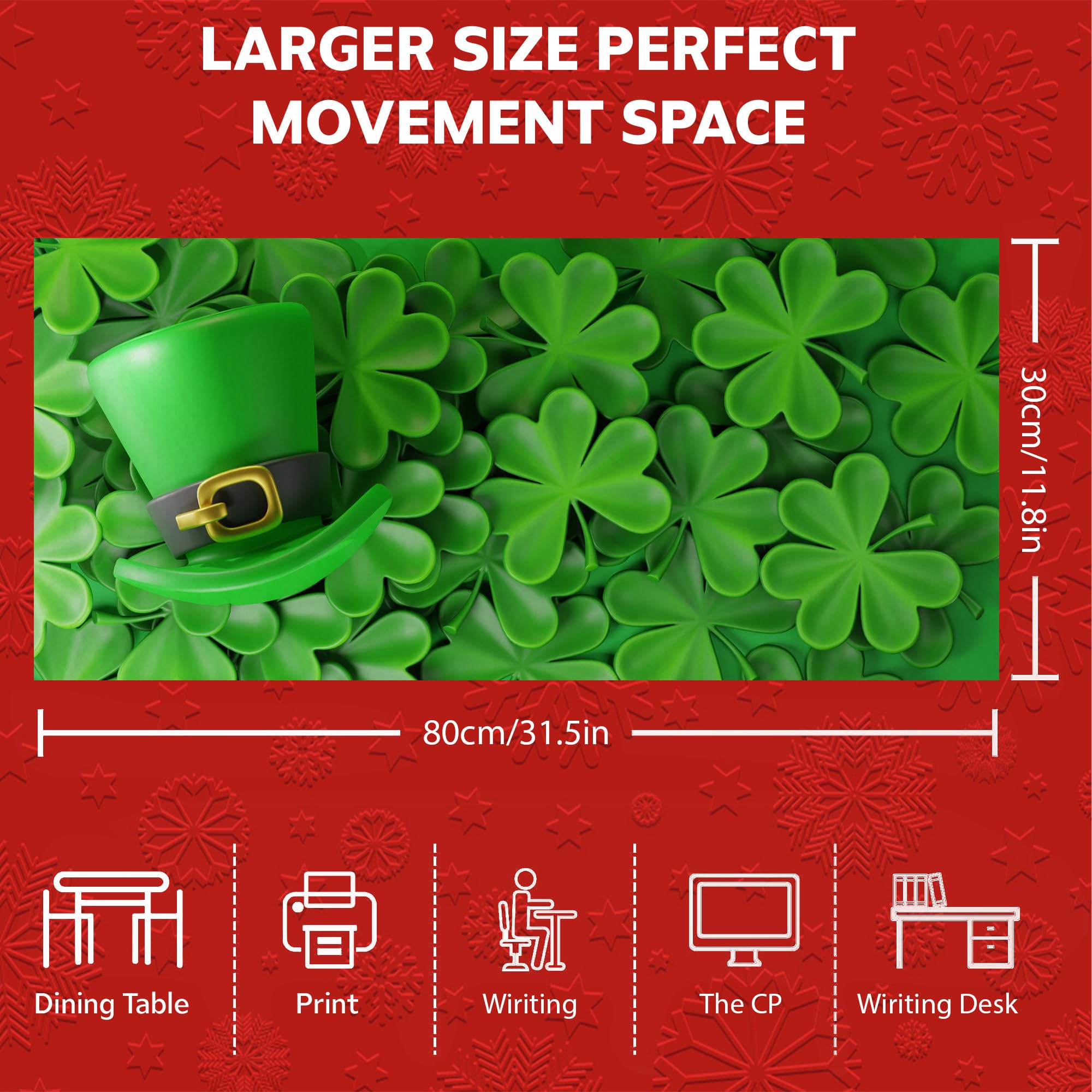 Lucky Shamrock & Leprechaun Hat St. Patrick's Day Gaming Mouse Pad - 31x15 Inch Large Non-Slip Waterproof Desk Mat for Office, Home & Gaming - Perfect for Irish-Themed Decor, Computer Work & Extended Mouse Surface
