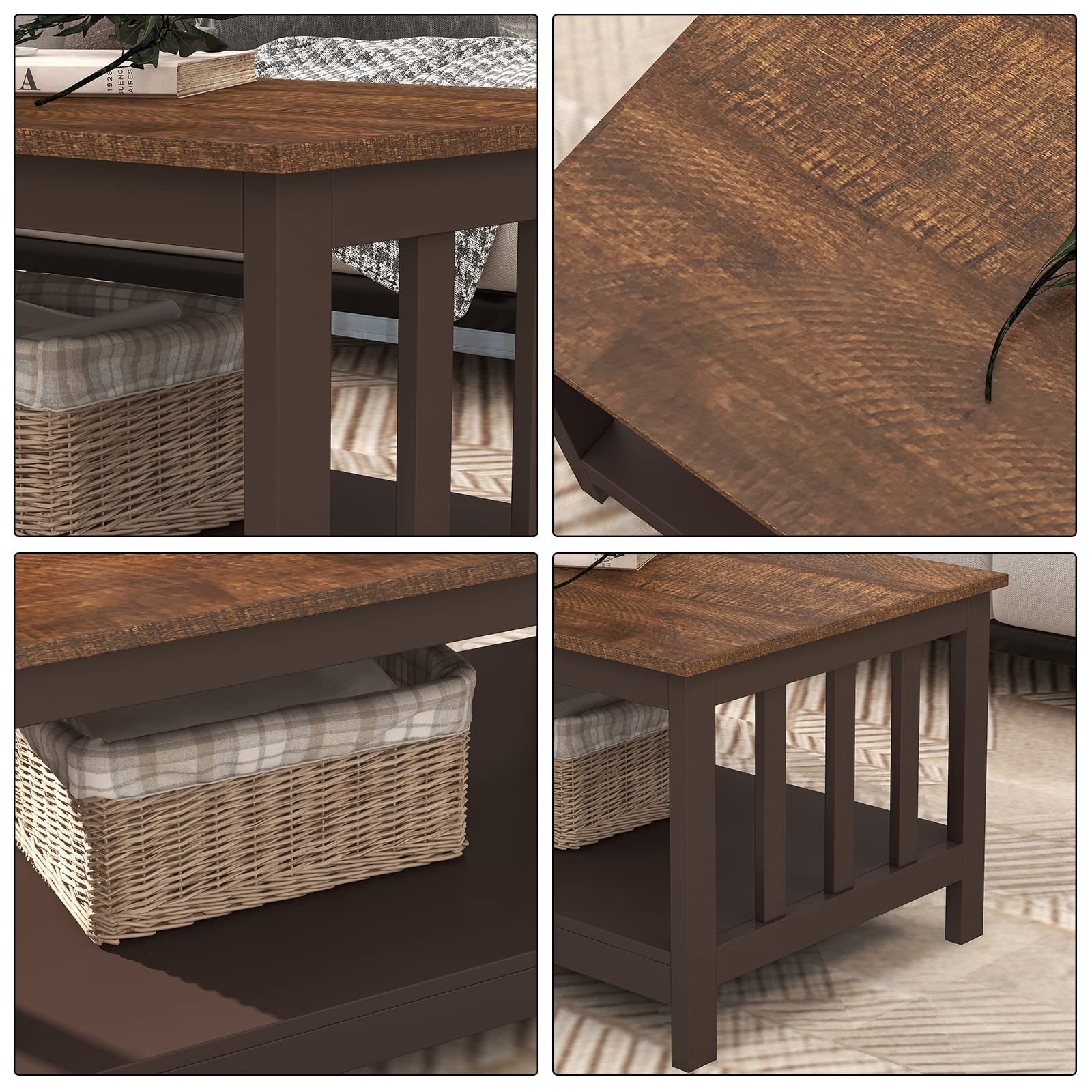 ChooChoo Farmhouse Coffee Table - 40 Inch Rustic Espresso Wooden Living Room Table with Lower Shelf | Perfect for Farmhouse Decor, Small Spaces & Cozy Gatherings