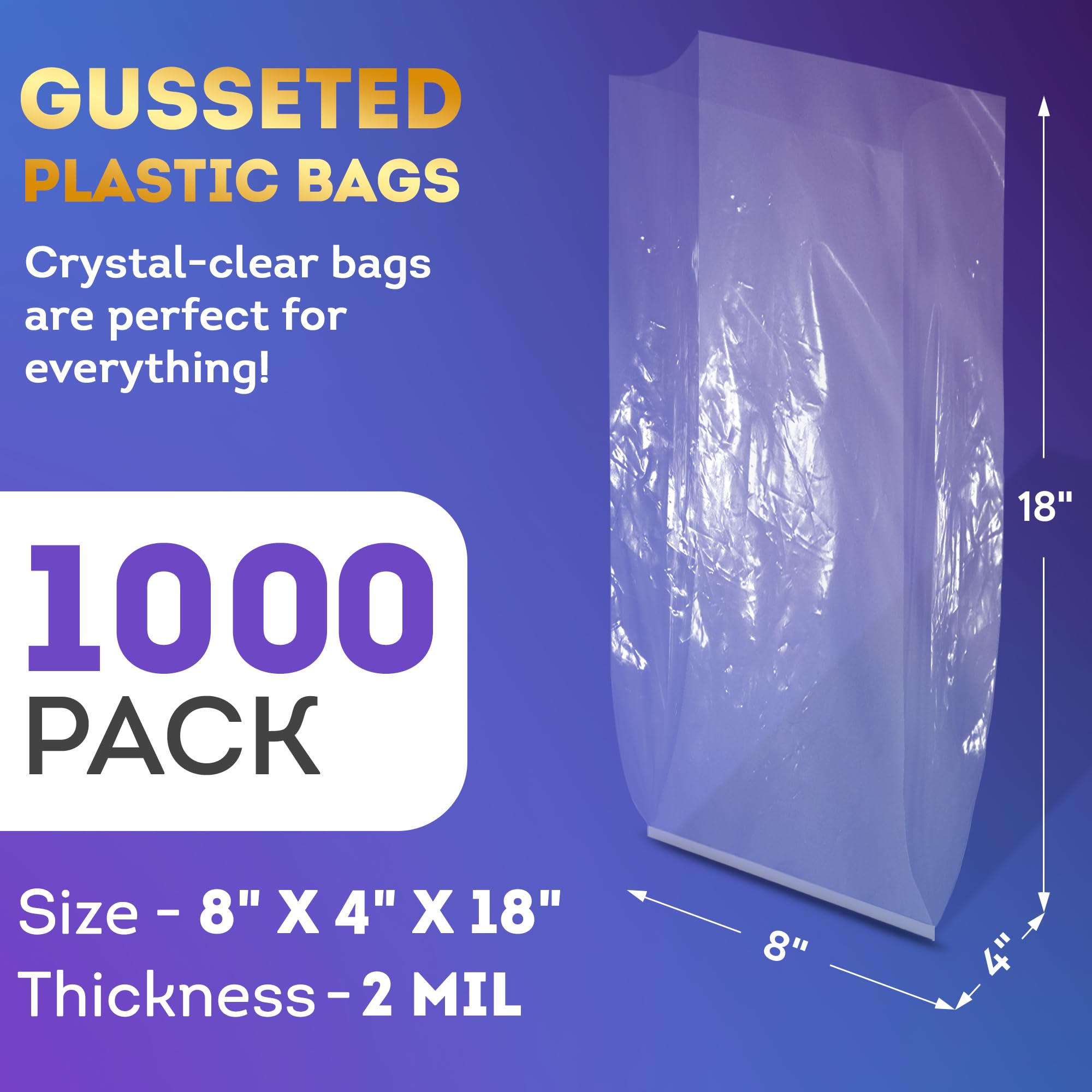 APQ Clear Gusseted Poly Bags 8x4x18 Inches - 1000 Pack Waterproof Flat Bottom Plastic Bags with Open Top, 2 Mil Thick for Packaging Popcorn, Cookies, Bread | Perfect for Party Favors, Bakery Storage & Retail Display