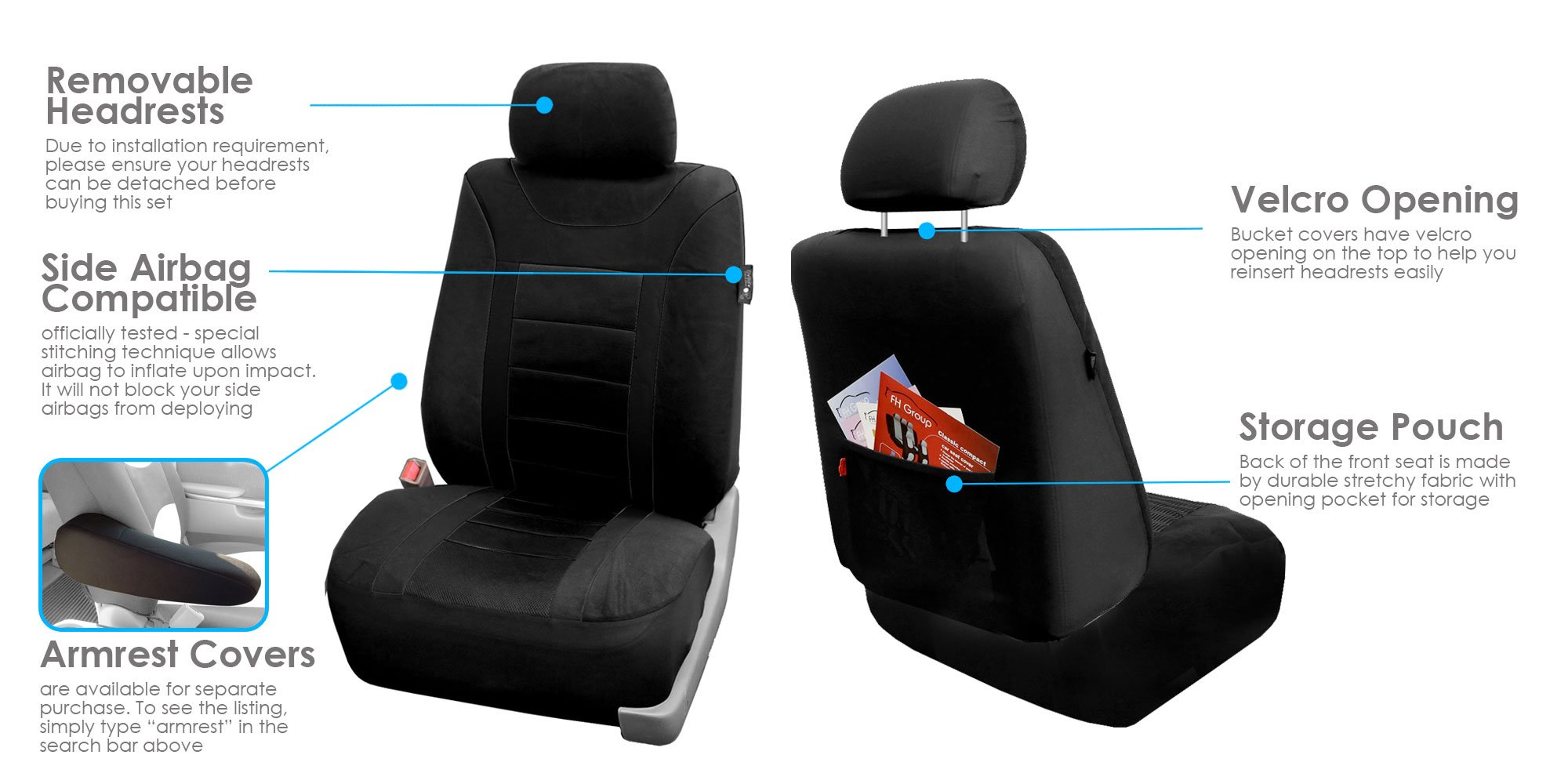 **FH Group Universal Black Sports Car Seat Covers Full Set - Airbag Compatible, Split Rear Design for Cars, Trucks & SUVs | Durable Interior Accessories for Daily Commute, Road Trips & Off-Road Adventures**