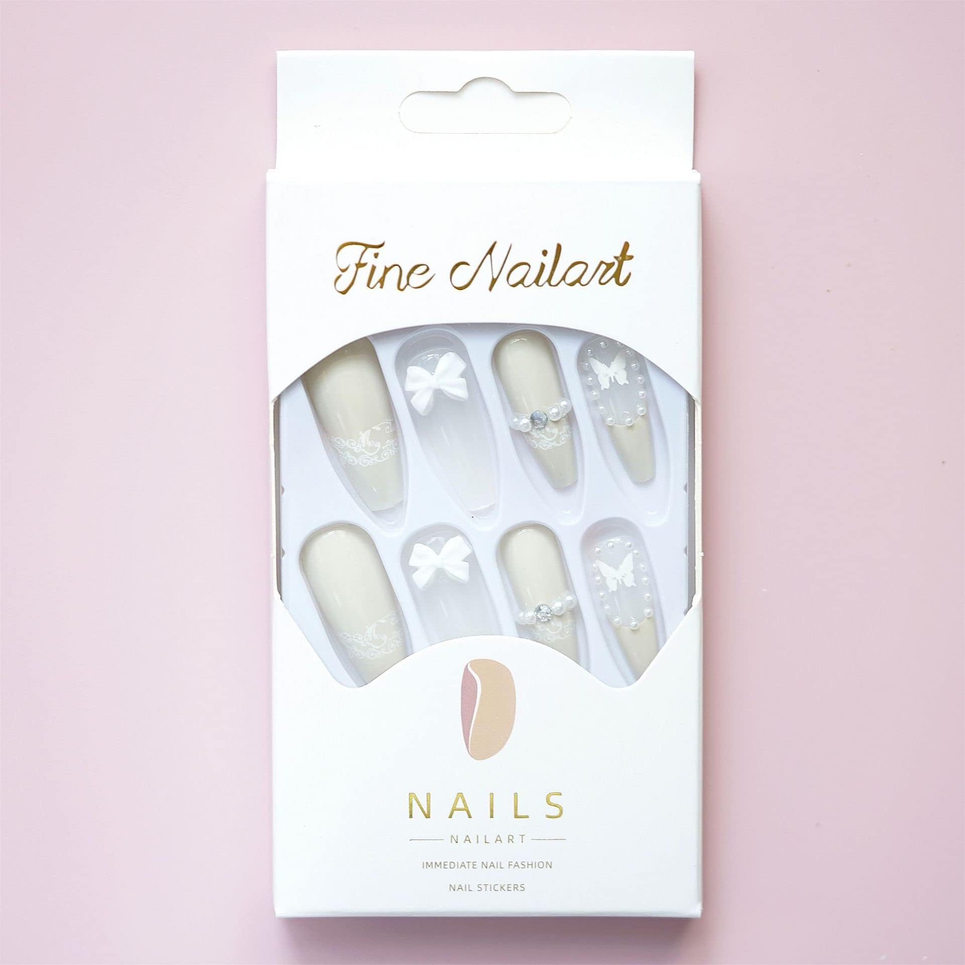 24-Piece Long Press-On Nails - French White Ballerina Style with Flash Diamond Crystals | Full Cover Acrylic Fake Nails with Rhinestones for Women & Girls | Perfect for Parties, Weddings, and Special Occasions