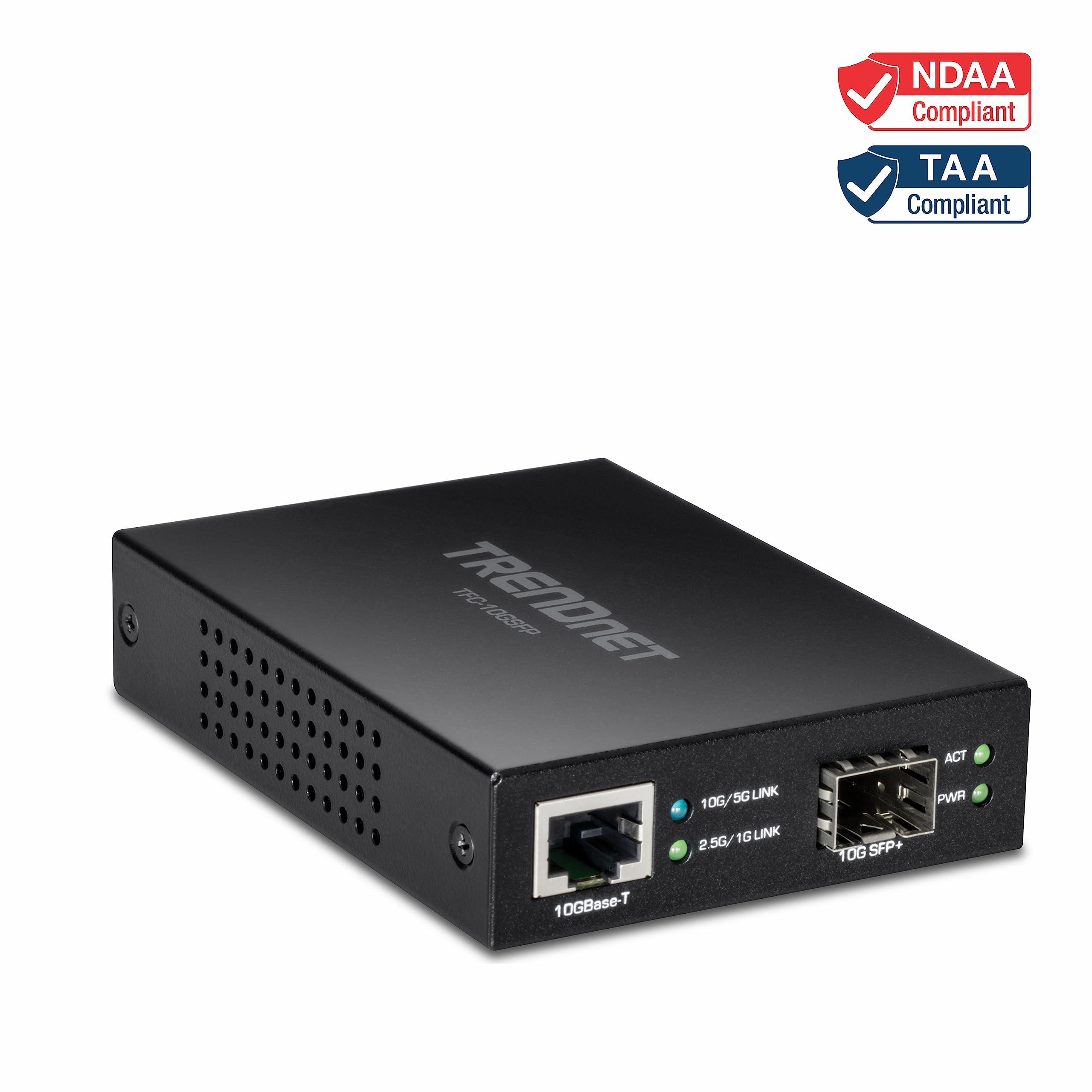 TRENDnet TFC-10GSFP 10GBase-T to SFP+ Media Converter - 1x 10G RJ-45 Port & 1x 10Gbps SFP+ Slot - SFP+ to 10G Ethernet Converter with Power Adapter - Ideal for Data Centers, Enterprise Networks & High-Speed Fiber Optic Connections