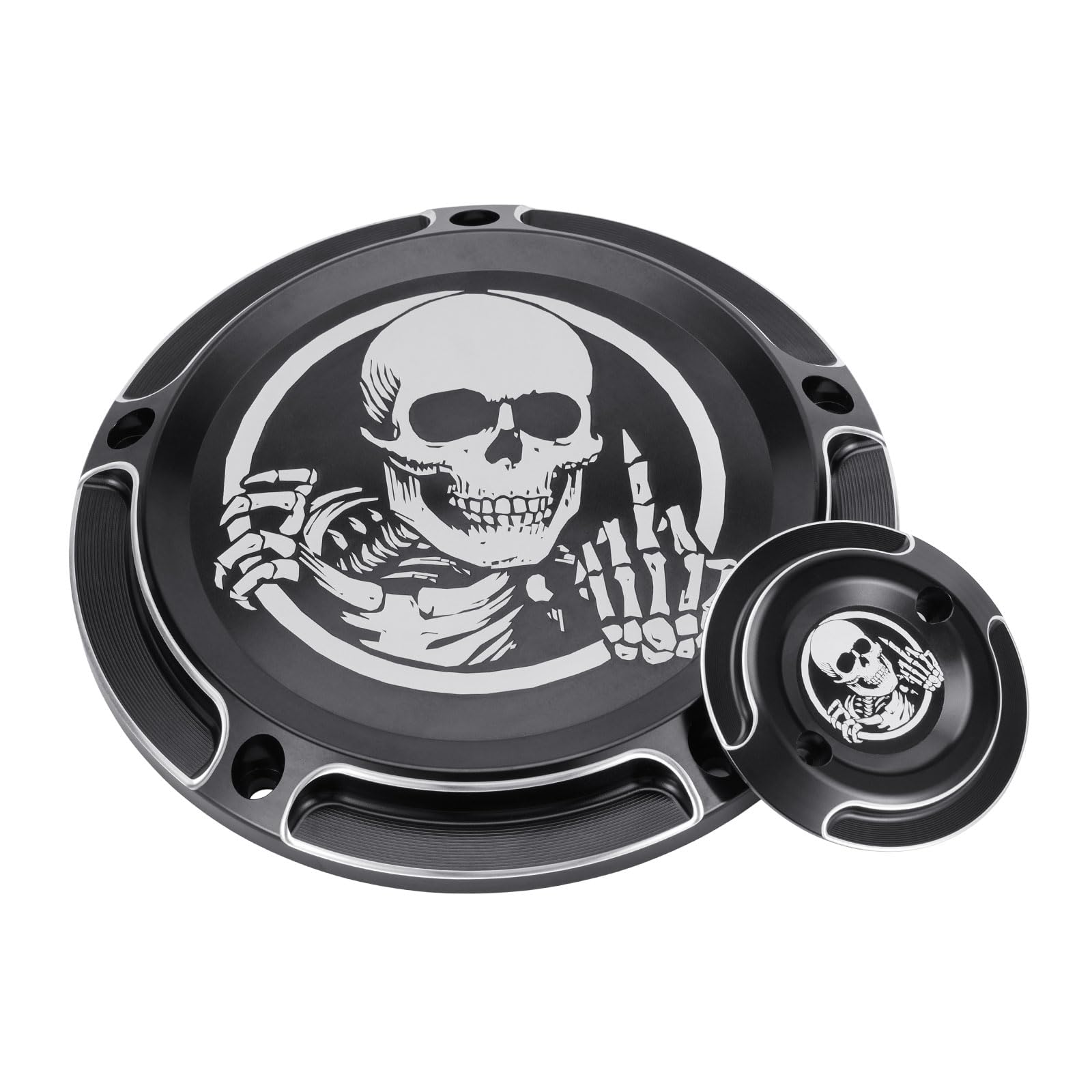 Harley Davidson Derby Timer Cover & Points Covers - 5 Hole Skull Design for Touring, Road King, Electra Glide, Street Glide, Road Glide, Tri Glide, Dyna & Softail Models - Perfect for Custom Bike Upgrades and Motorcycle Accessories Replacement