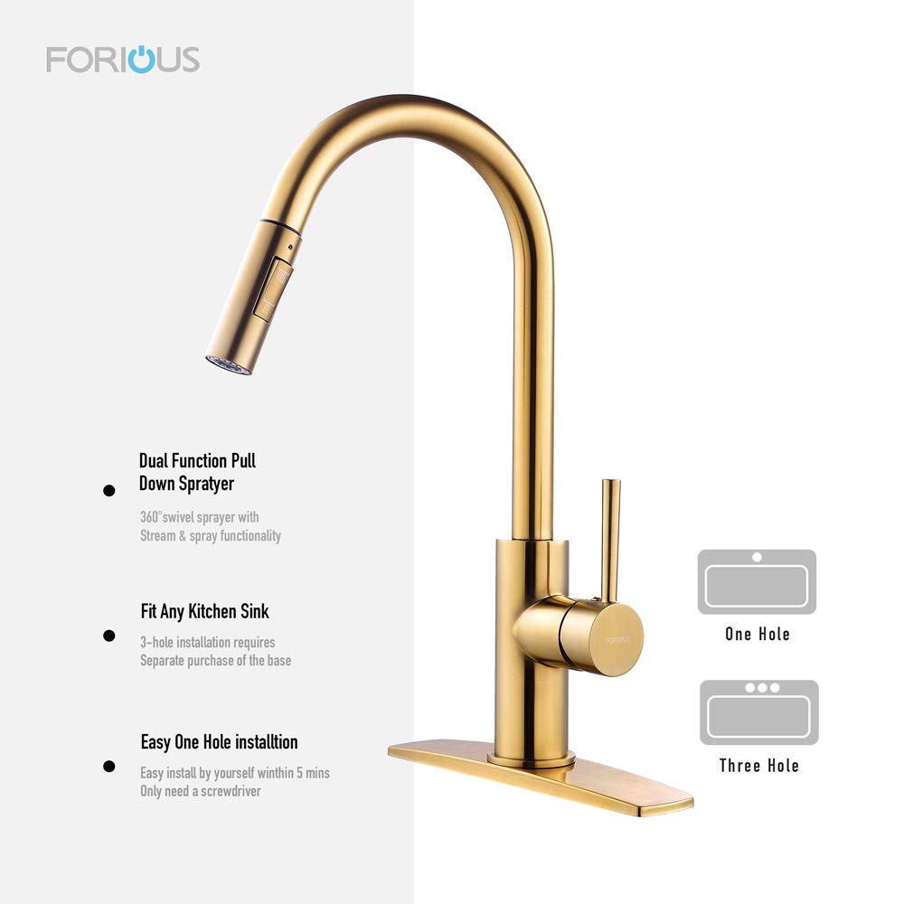 FORIOUS Brushed Brass High Arc Gooseneck Kitchen Faucet with Pull Down Sprayer - Single Handle Modern Sink Faucet with CUPC Ceramic Cartridge & Deck Plate - Perfect for Farmhouse, RV, and Residential Kitchen Sinks