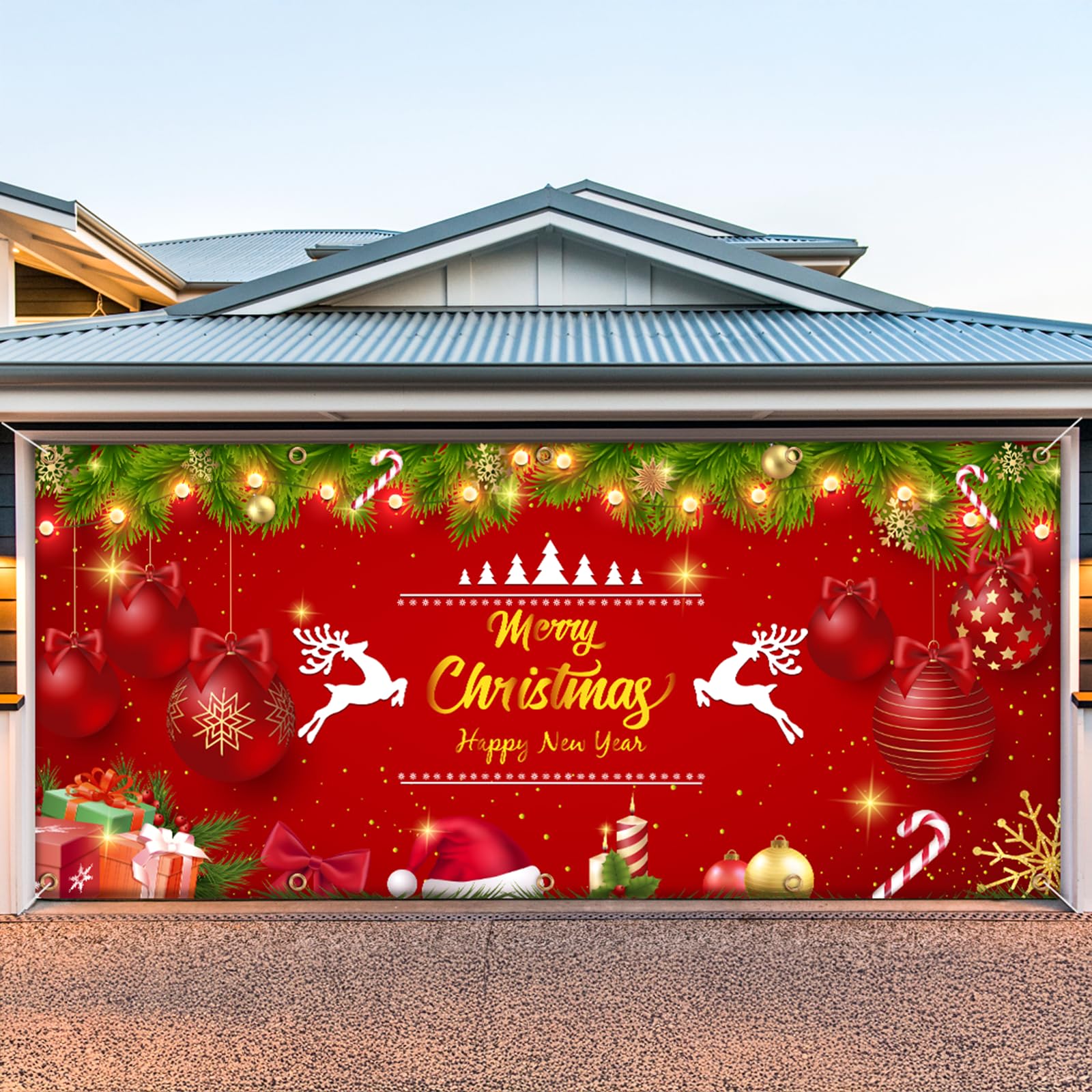 7 x 16 ft Reindeer Christmas Garage Door Cover - Merry Xmas Banner & Outdoor Decor for Double Garage - Holiday Backdrop & Mural - Perfect for Home, Yard & Neighborhood Christmas Decorations 2024
