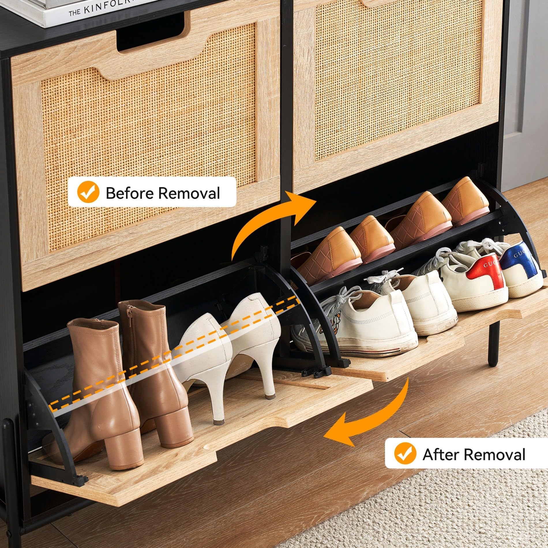 IDEALHOUSE Natural Rattan 4-Door Flip Shoe Cabinet Organizer - Freestanding Modern Shoe Rack with 3 Adjustable Shelves for Entryway, Closet, Hallway - Perfect for Small Spaces & Home Organization