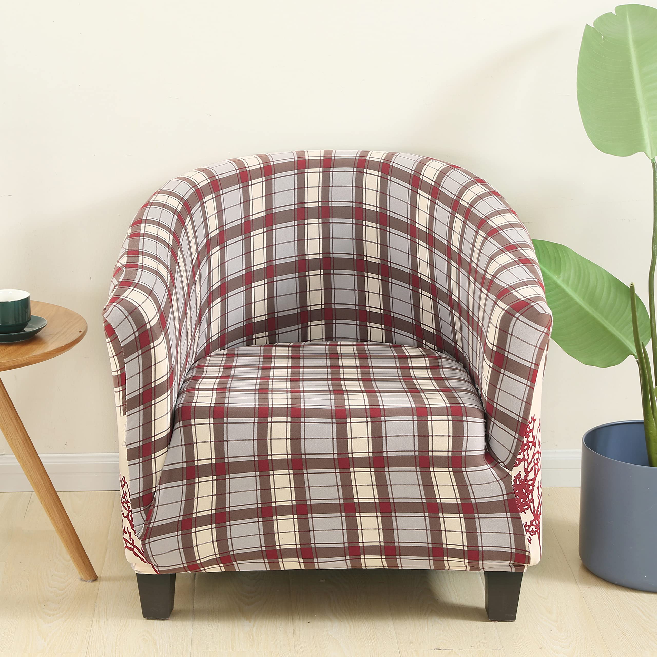 Soft Cozy Plaid Stretch Slipcover for Club Chairs, Barrel Chairs & Armchairs - Durable Furniture Protector Cover in Brown - Perfect for Living Room, Bedroom & Home Office Decor