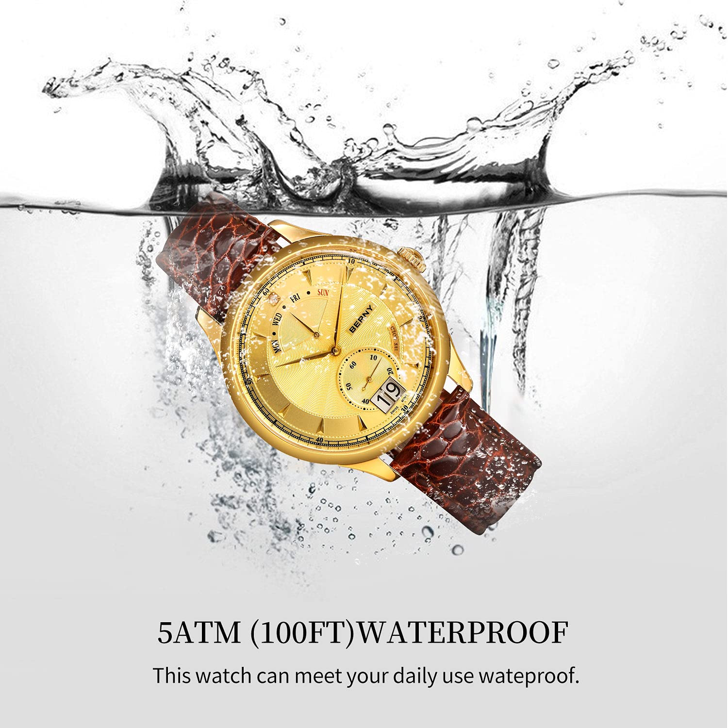 BERNY Top Luxury 18K Gold Men's Swiss Quartz Watch - Elegant Dress Watch for Business, Formal Events & Special Occasions