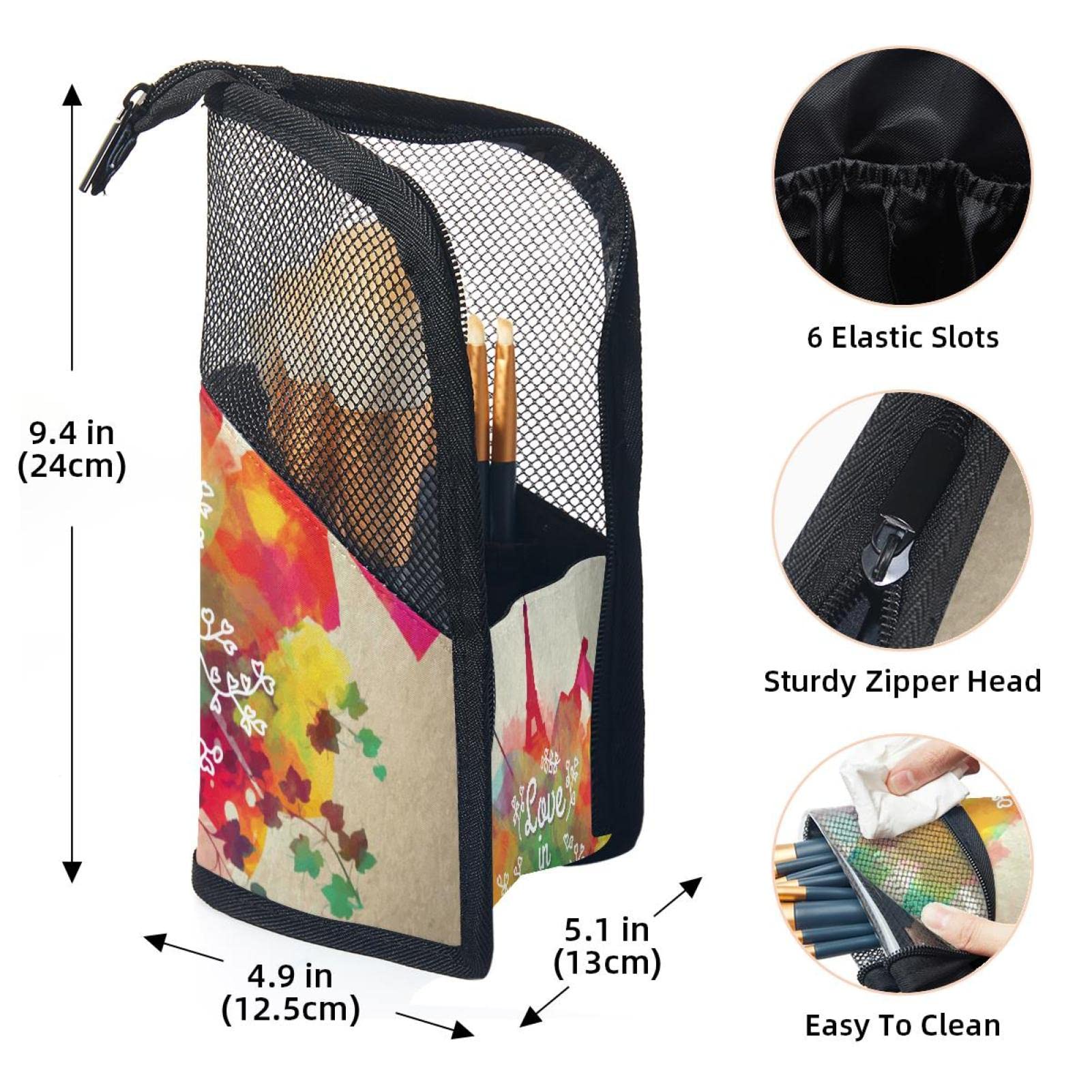 Watercolor Love in Paris Makeup Brush Organizer Bag with 12 Brushes - Portable Travel Makeup Brush Holder Case for Professional Artists & Beginners - Perfect for Home, Travel, and Salon Use