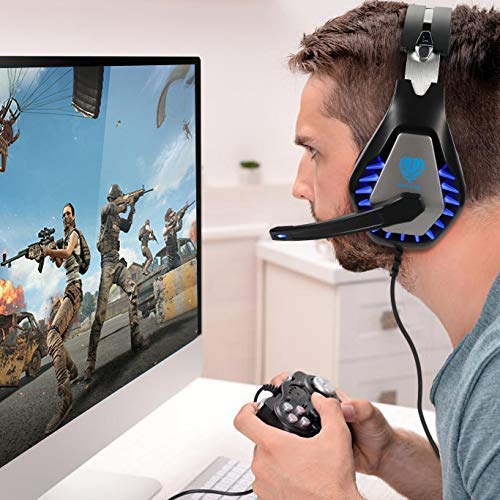 Best Gaming Headset for PS4, PS5, Xbox One, PC, Mac & Nintendo Switch - Noise Cancelling Over-Ear Headphones with Mic, Bass Surround & Soft Memory Earmuffs (Blue) - Perfect for Online Gaming, Streaming & Virtual Meetings