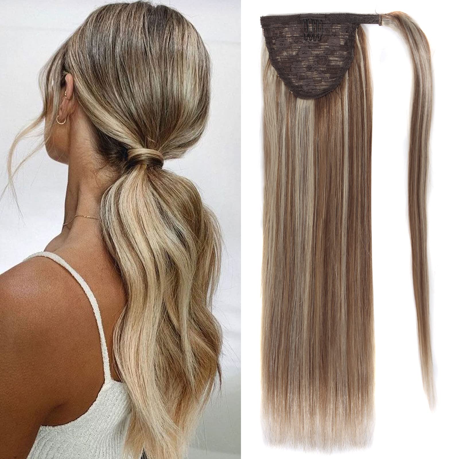 Ugrace 16 Inch Human Hair Ponytail Extension - Clip-In Remy Straight Blonde Highlight P10/613 Ponytail Hairpiece for Women | Perfect for Parties, Weddings & Everyday Styling