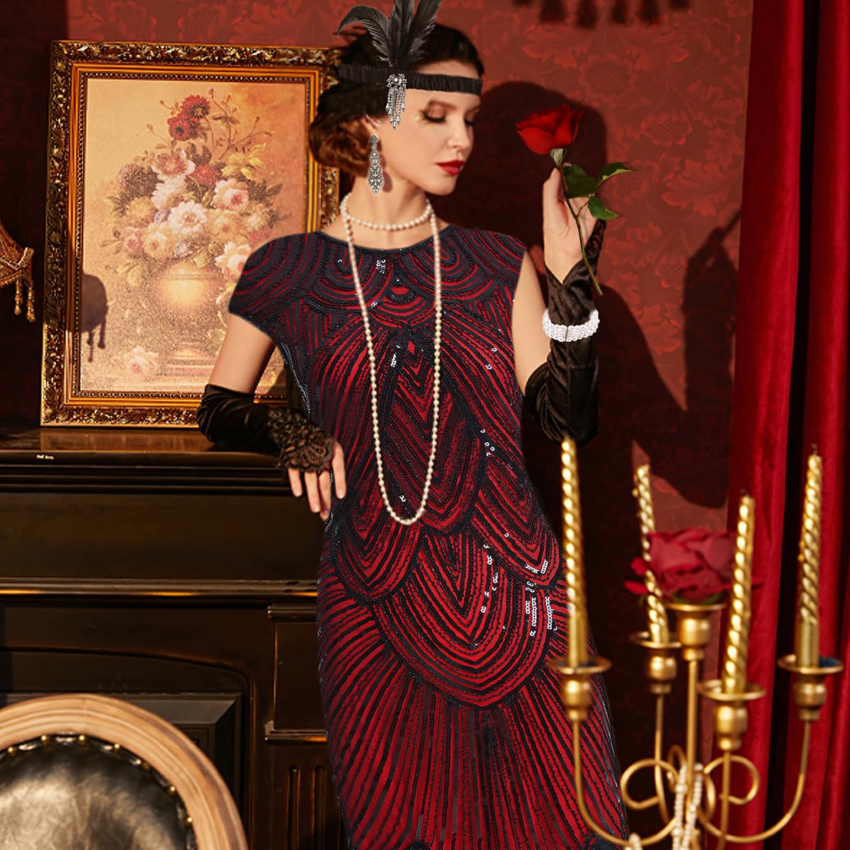 1920s Flapper Dress for Women - Vintage Sequin Lace Fringed Cocktail Dress with 20s Accessories Set | Great Gatsby Party, Roaring 20s Costume, Halloween & Themed Events