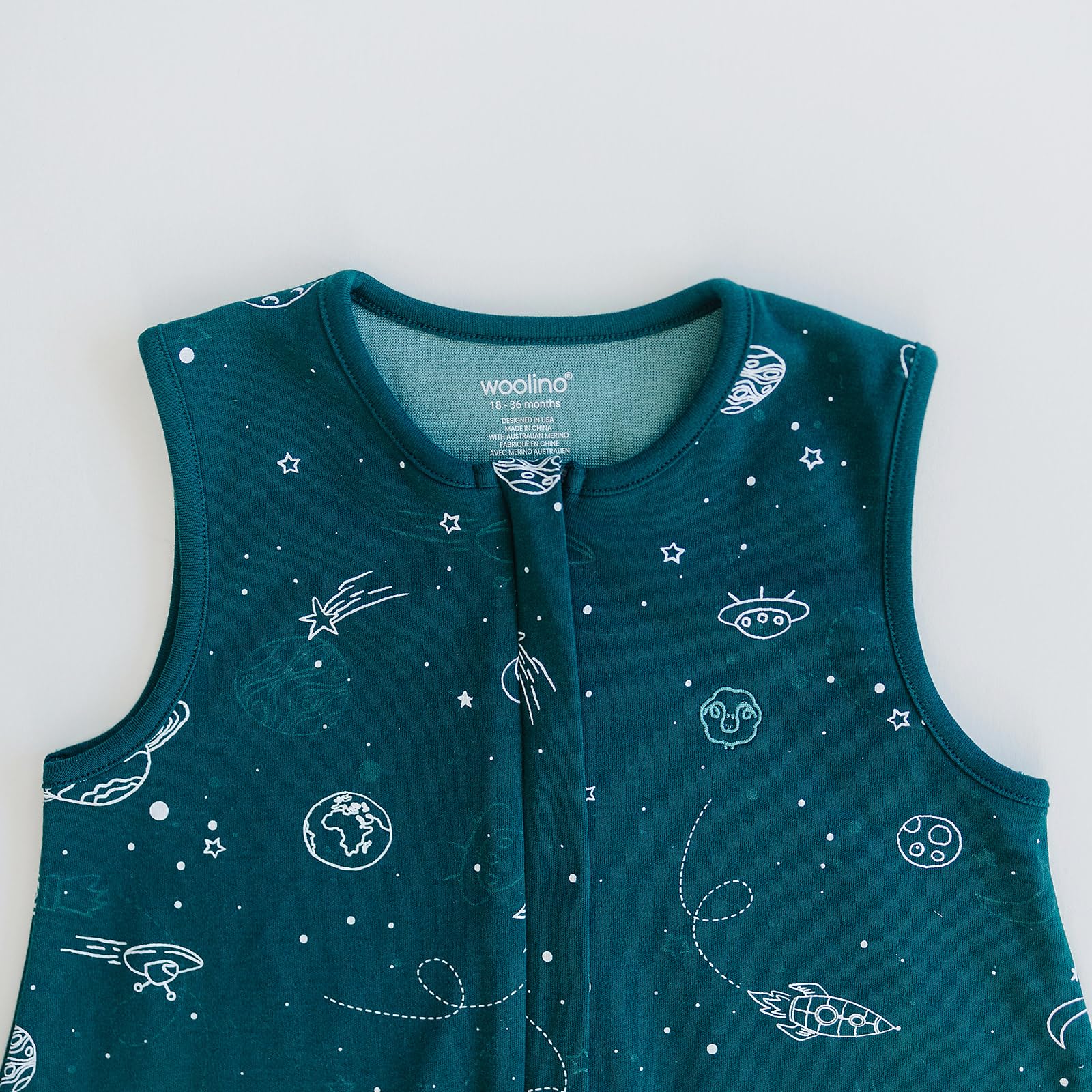 Woolino 4 Season Baby Sleep Sack with Feet - Australian Merino Wool & Organic Cotton - Toddler Sleeping Bag for 18-36 Months - Space Theme Glow in The Dark - Perfect for Nursery, Daycare & Travel