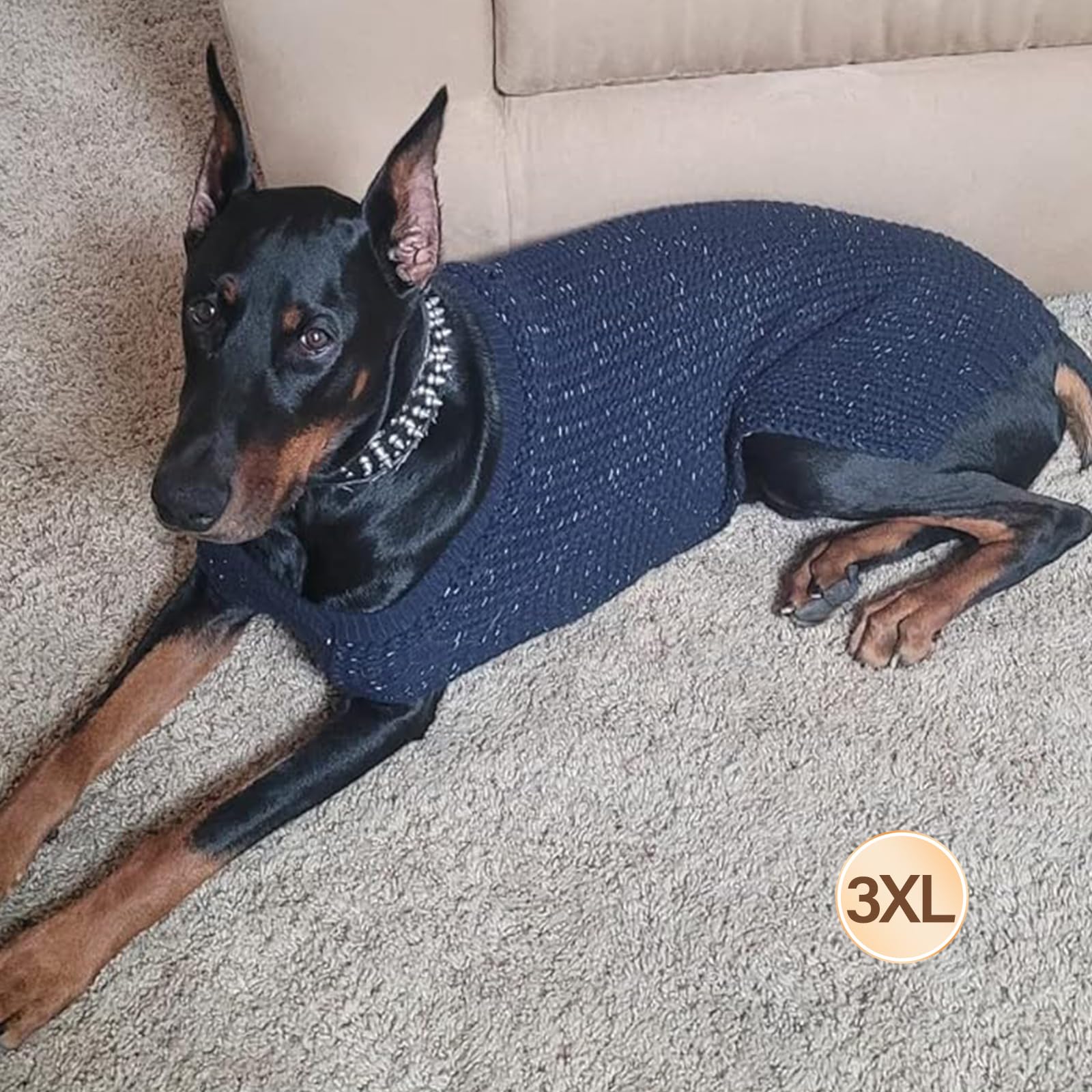 KYEESE Classic Stretchy Dog Sweater with Leash Hole - Warm Reflective Dog Coat for Large Dogs, Comfy Pet Clothes in Navy Blue (3XL) - Perfect for Winter Walks & Outdoor Adventures