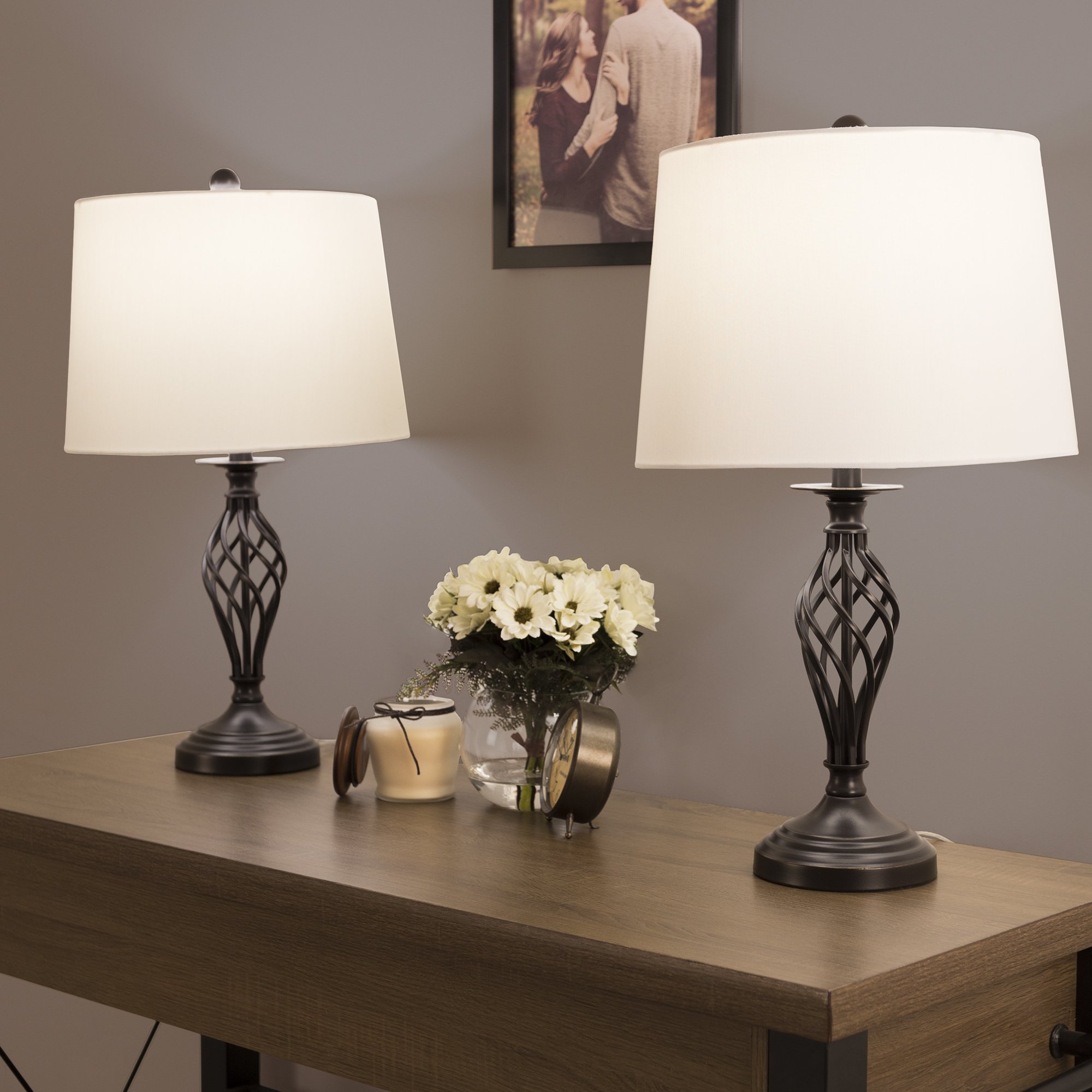 Modern Spiral Cage Table Lamps Set of 2 - Oil-Rubbed Bronze Farmhouse Style Bedside & Living Room Lighting with White Drum Shades by Lavish Home | Perfect for Nightstands, Home Office, and Cozy Reading Nooks