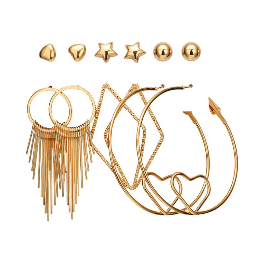 6 Pairs Fashion Alloy Earrings for Women & Girls - Statement Stud, Drop Dangle, Golden Tassel Hoop & Heart Five-Pointed Star Love Earrings Set - Perfect for Birthday, Everyday Wear & Jewelry Gifts - Great for Parties, Dating, Office & Casual Outfits
