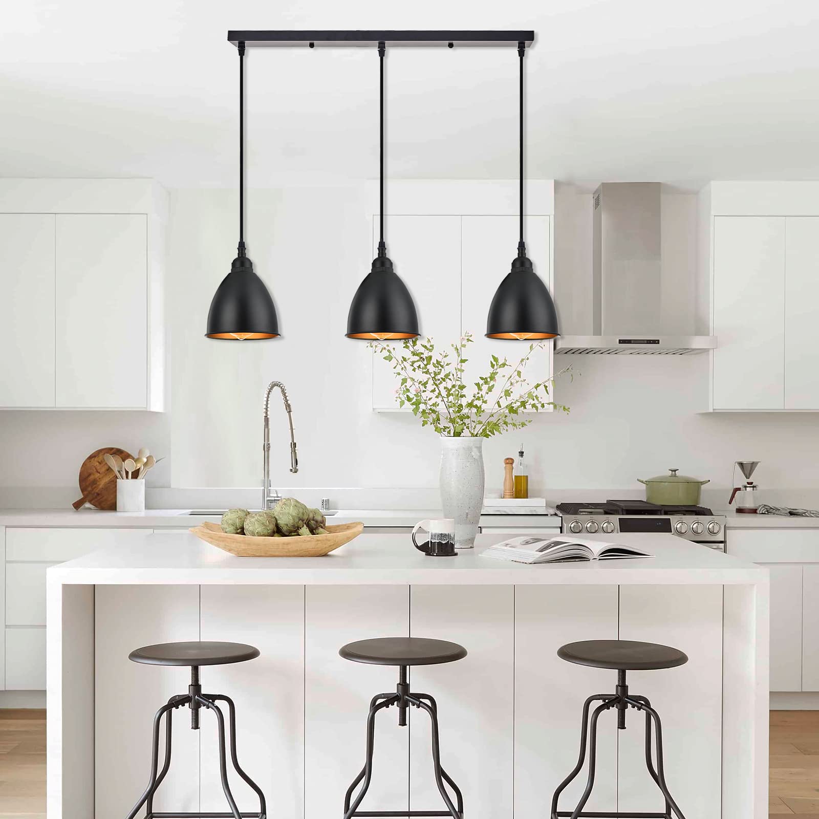 Terleenart 3-Light Industrial Farmhouse Kitchen Island Pendant Light - Matt Black Metal Bell Shade with Golden Accents, Hanging Chandelier for Dining Room, Table, Staircase & Hallway | Perfect for Modern Farmhouse Decor & Kitchen Lighting