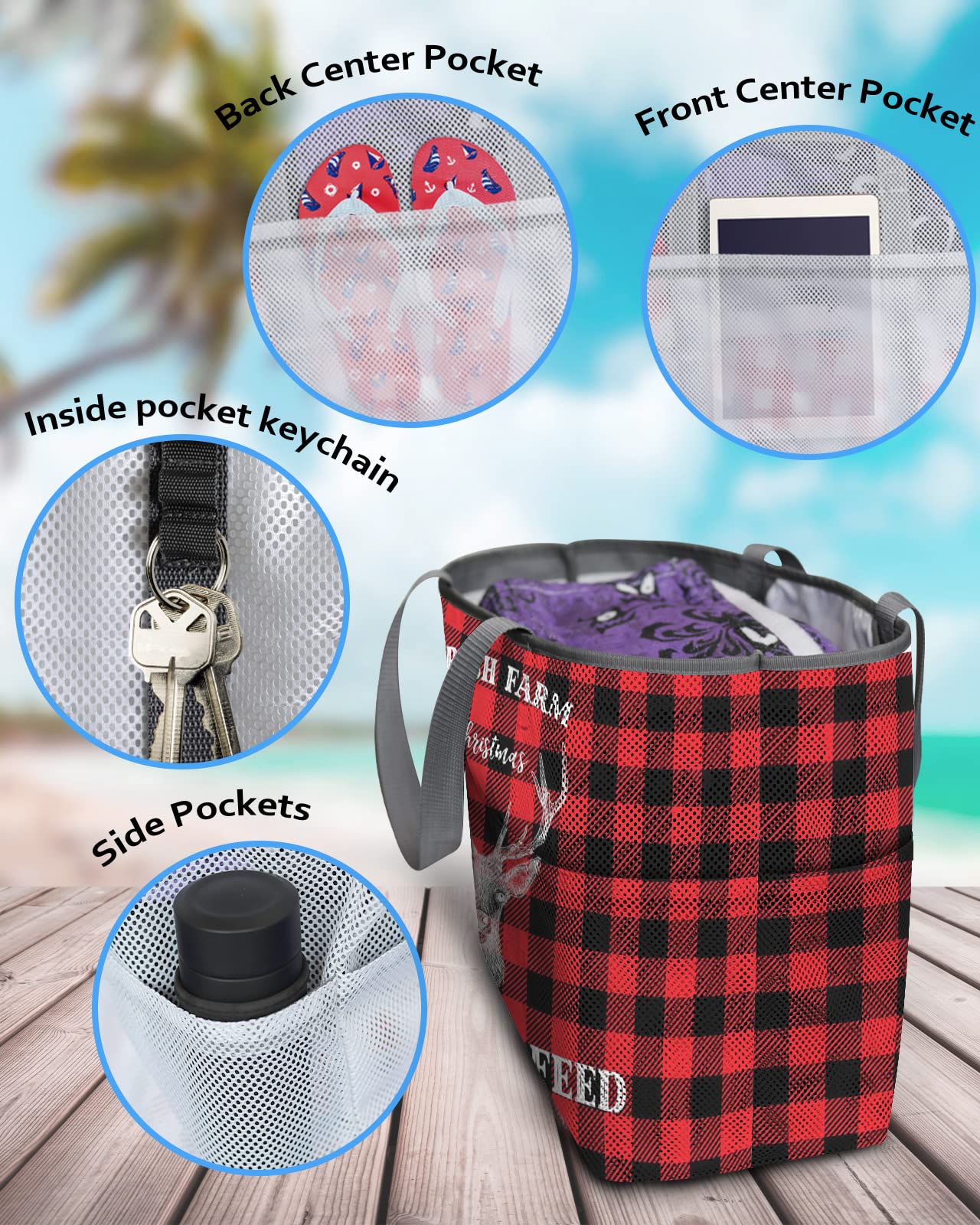 Red Elk Head Farm Christmas Reindeer Feed Beach Tote Bag for Women - Waterproof & Sandproof Black Red Plaid Mesh Beach Bag with Zipper & Pockets, Large Outdoor Picnic Swim Pool Handbag | Perfect for Beach Trips, Pool Parties & Summer Vacations
