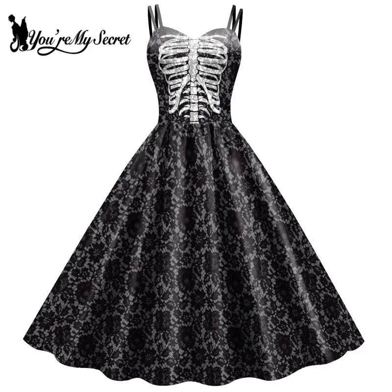 Gothic Skeleton Halloween Dress for Women - Elegant Black Rockabilly Costume for Halloween Parties, Carnival, Cosplay & Horror Themed Events