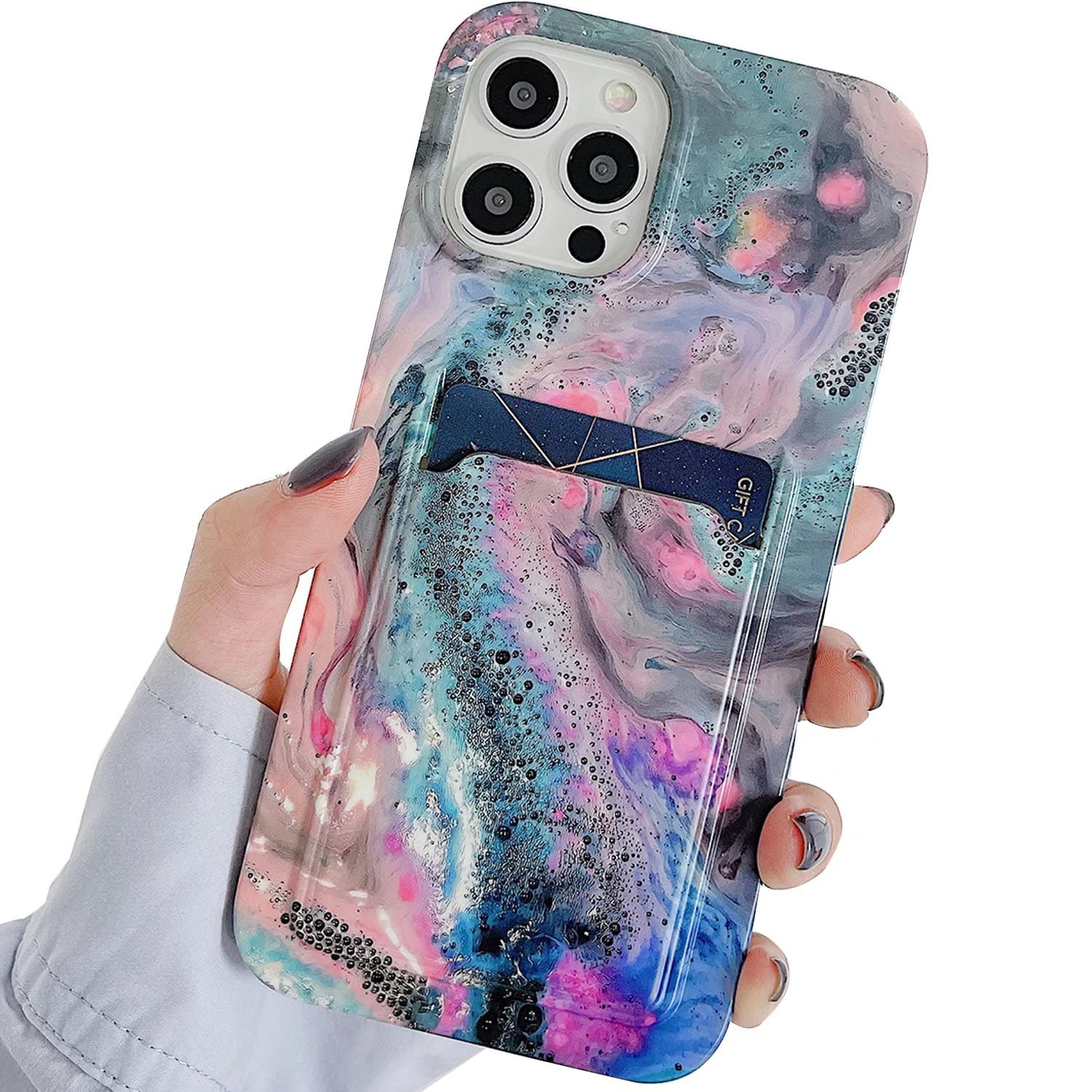 FABUVIEW Floral Design iPhone 13 Case with Card Holder - Slim Protective TPU Bumper & Acrylic Back Cover for Women & Girls (6.1 inch, Marble Color) | Perfect for Everyday Use, Travel, and Secure Card Storage