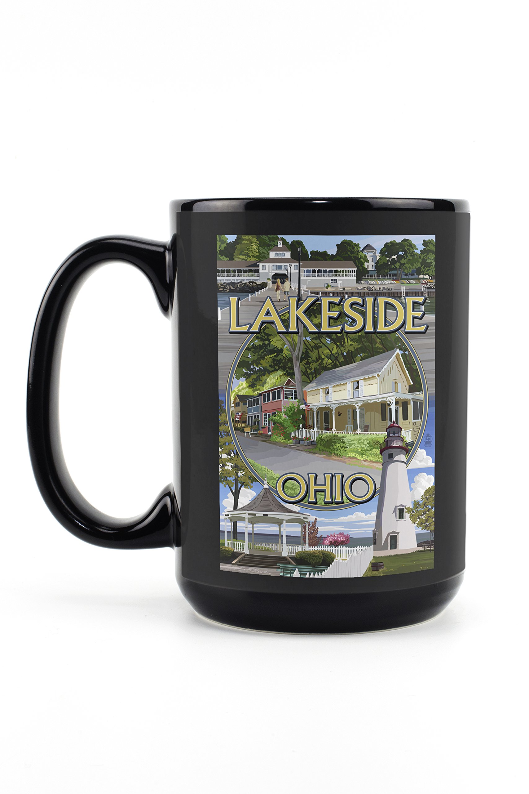 Lakeside Ohio Scenic Montage 15oz Black Ceramic Coffee Mug - Microwave & Dishwasher Safe - Perfect for Home, Office & Outdoor Use
