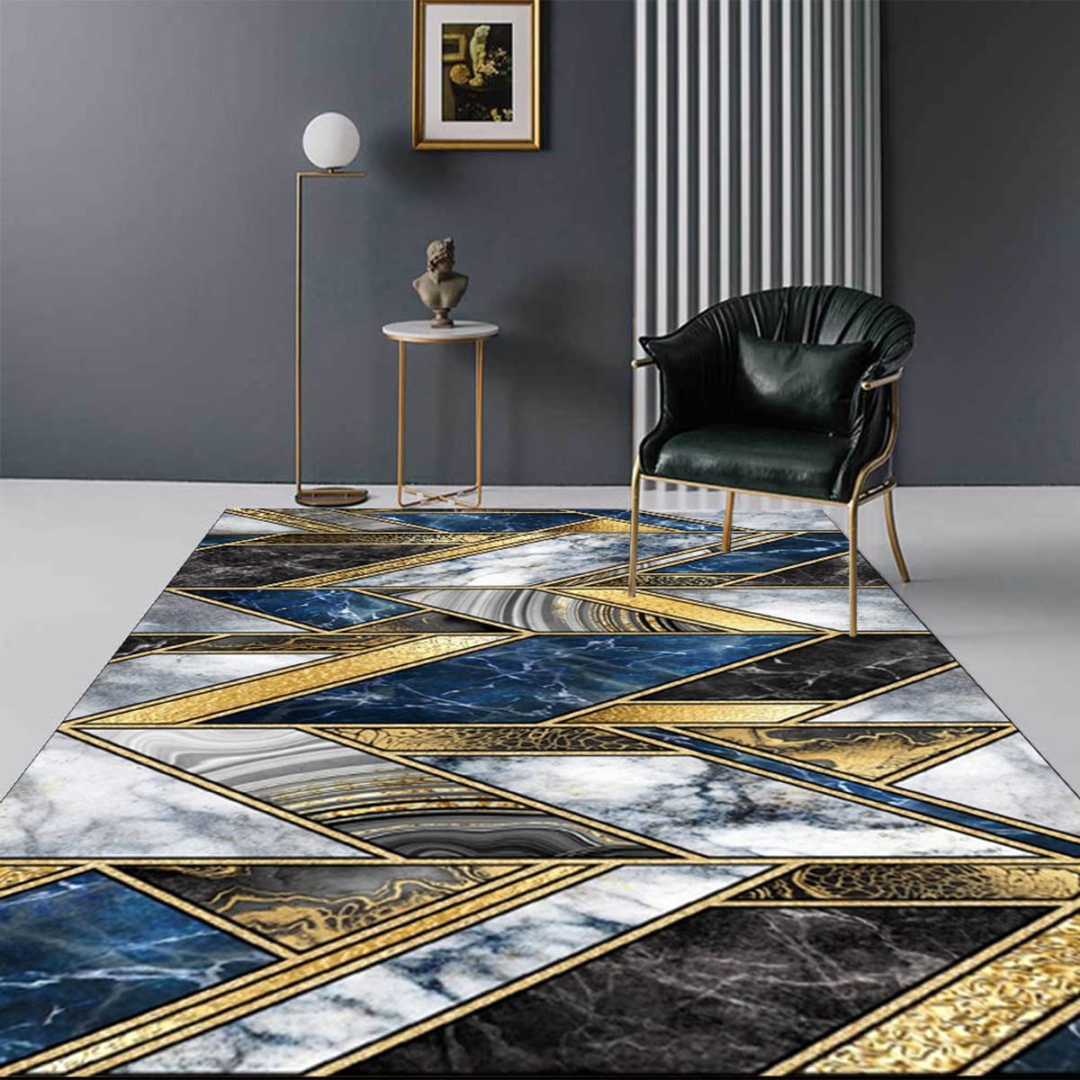 Modern Navy Gold Grey Marble Abstract Geometric Striped Area Rug 6x8 - Aesthetic Boho Chic Carpet for Living Room, Dining Room, Bedroom, Home Office, Farmhouse & Kitchen Runner - Perfect for Retro Accent, Floor Decor & Cozy Home Styling