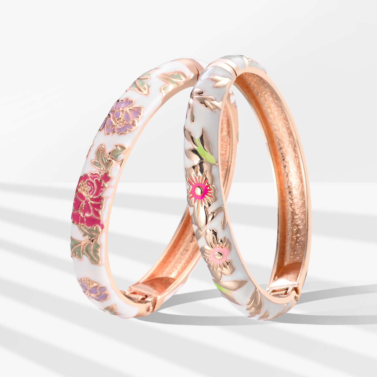 Vintage Cloisonne Flower Enamel Bracelet - Gold Plated Cuff Bangle for Women, Elegant Handmade Jewelry Gift Box (55A35) - Perfect for Parties, Weddings & Special Occasions