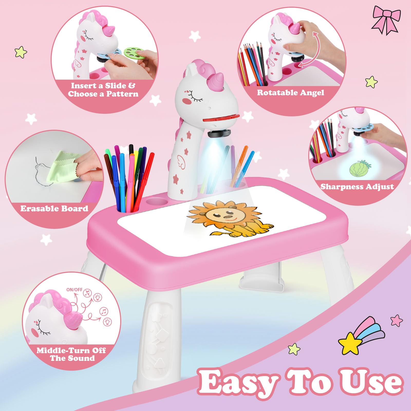 Unicorn Drawing Projector Table Set for Kids - Pink Doodle Art Kit with Tracing Projector & Painting Supplies | Creative Toddler Activity for Birthday Gifts & Home Learning
