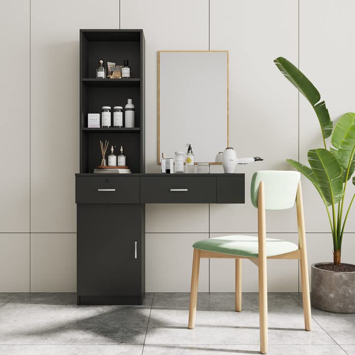 Wall Mounted Salon Storage Cabinet - 3 Compartments, 2 Drawers & 1 Bottom Cabinet for Hair Stylist Tools | Professional Beauty Salon Organization | Perfect for Barbershops, Home Salons & Cosmetology Stations (Black)