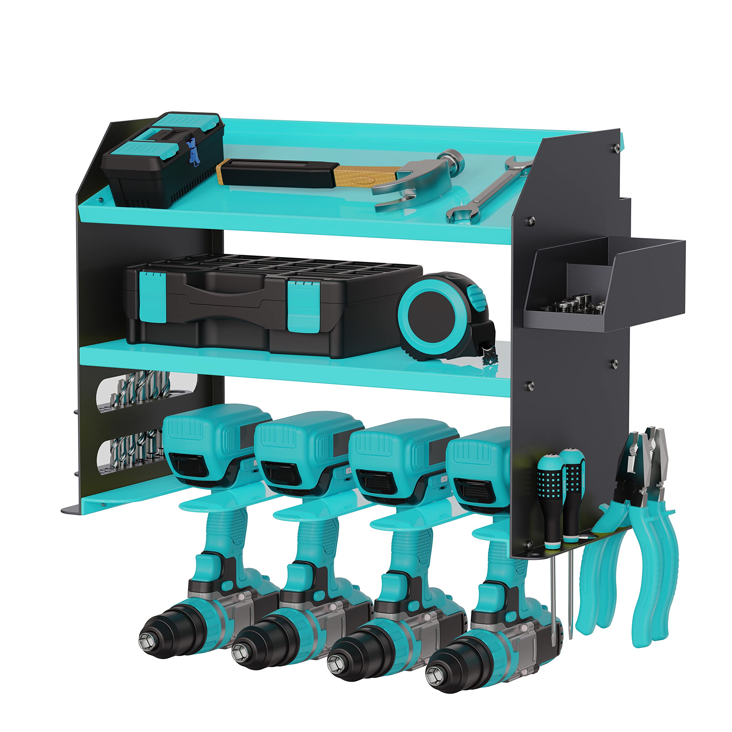 Luffioner Wall Mount Drill Storage Rack - Heavy Duty Power Tool Organizer for Drills & Drill Bits - Holds 4 Cordless Drills with Screw Storage Box - Perfect for Garage, Workshop & DIY Projects - Great Father's Day Gift Idea (Blue)