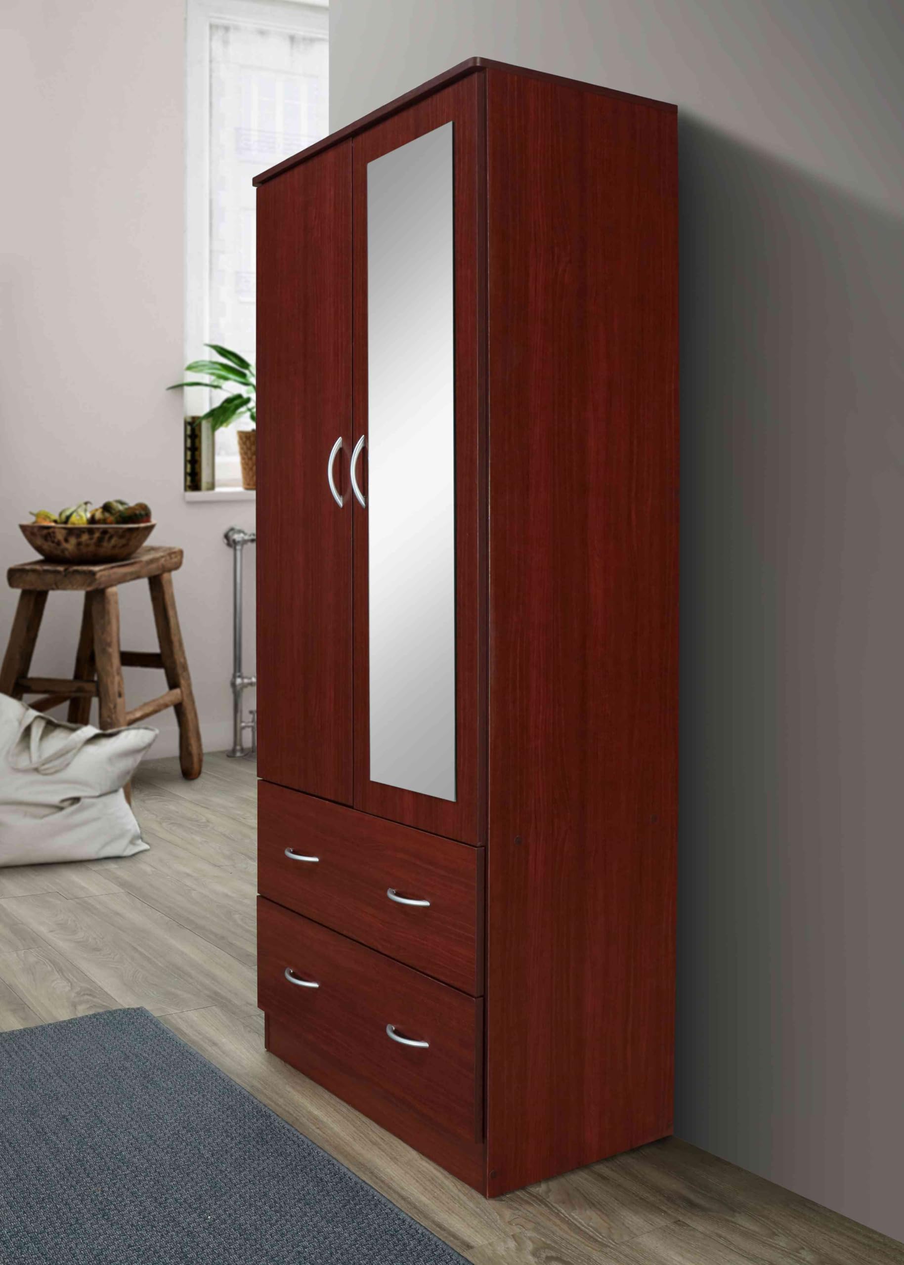 HODEDAH 2-Door Wood Wardrobe Closet with Mirror, Clothing Rod & 2 Storage Drawers - Mahogany Finish Bedroom Furniture for Organizing Clothes, Shoes & Accessories | Perfect for Master Bedroom, Guest Room & Dorm Organization