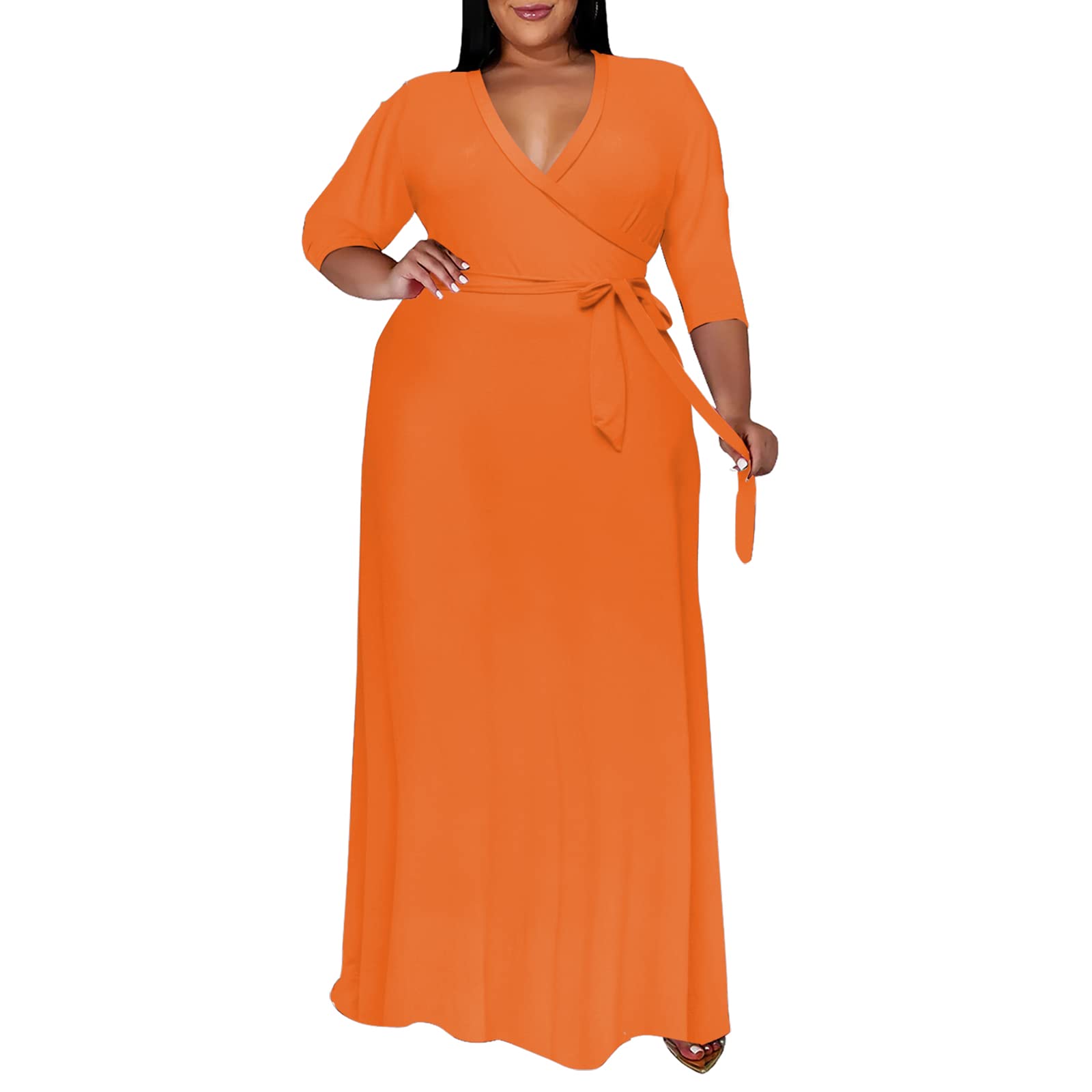 Runwind Plus Size Floral Maxi Dress for Women - Flowy 3/4 Sleeve with Adjustable Belt | Elegant Summer Beach Dress, Wedding Guest Outfit & Casual Wear