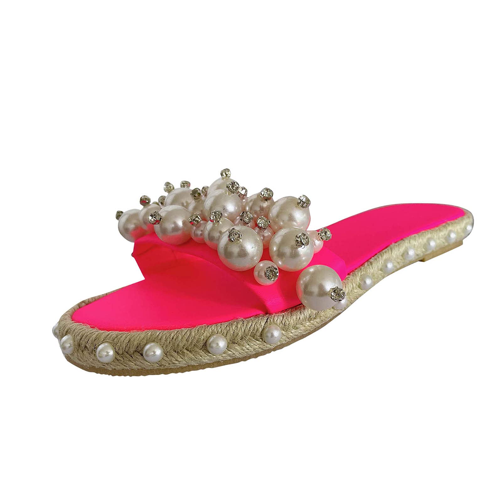 Women's Pearl Embellished Flat Sandals - Comfortable Large Size Slippers for Home, Beach & Casual Wear | Fashionable Slipper Set with Non-Slip Sole