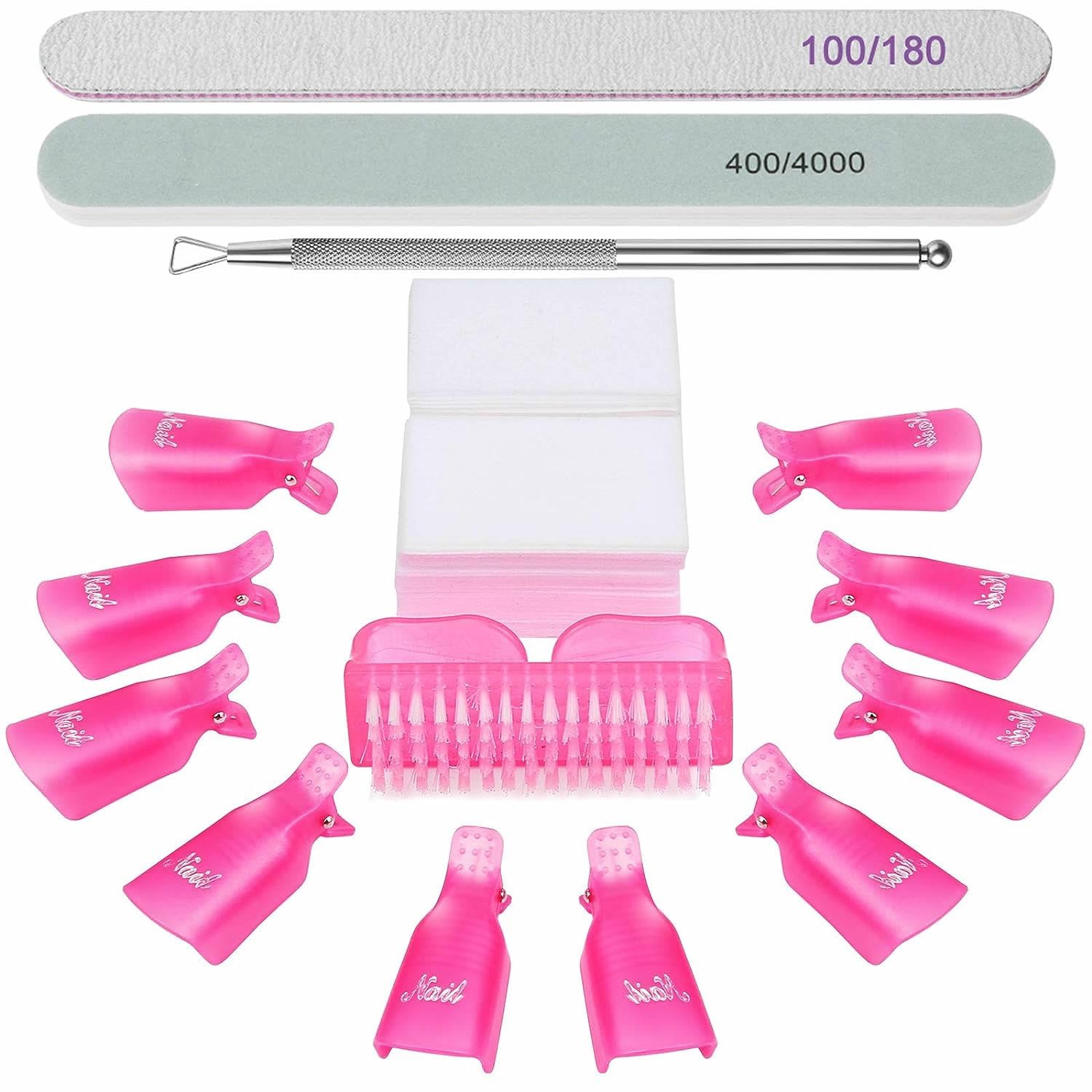 Professional Gel Nail Remover Kit with 100 Cotton Pads, Cuticle Tools, Nail Files & Buffers – Pink Polish Remover Clips, Scraper & Brush for Salon & Home Manicures