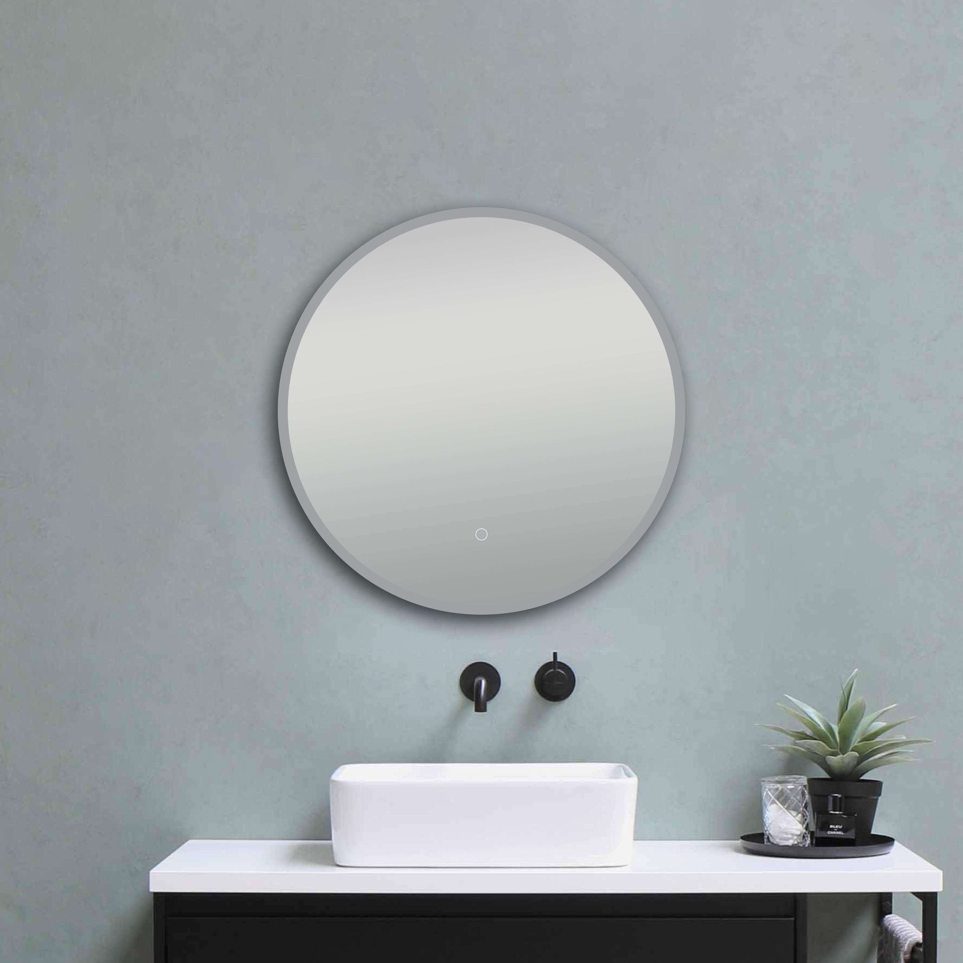 Premium Onyx Round Frameless LED Bathroom Mirror with Defogger - Touch Control & Adjustable Lighting (12
