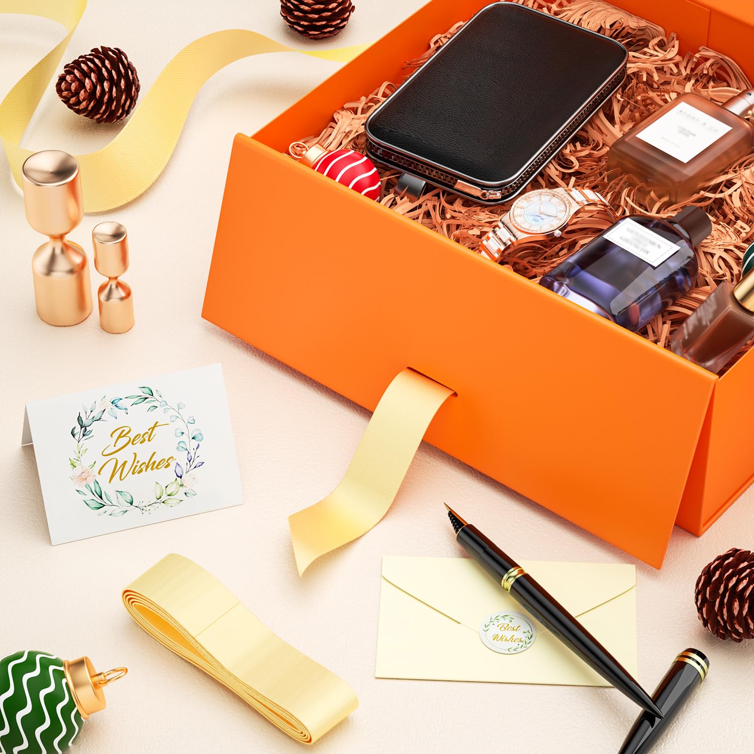 5 Pack 9x7x4 Inch Orange Magnetic Closure Gift Box Set with Card & Ribbon - Elegant Collapsible Present Box for Bridesmaid Proposals, Halloween, Christmas, Birthday Gifts - Perfect for Wedding Favors, Party Favors & Holiday Gift Wrapping