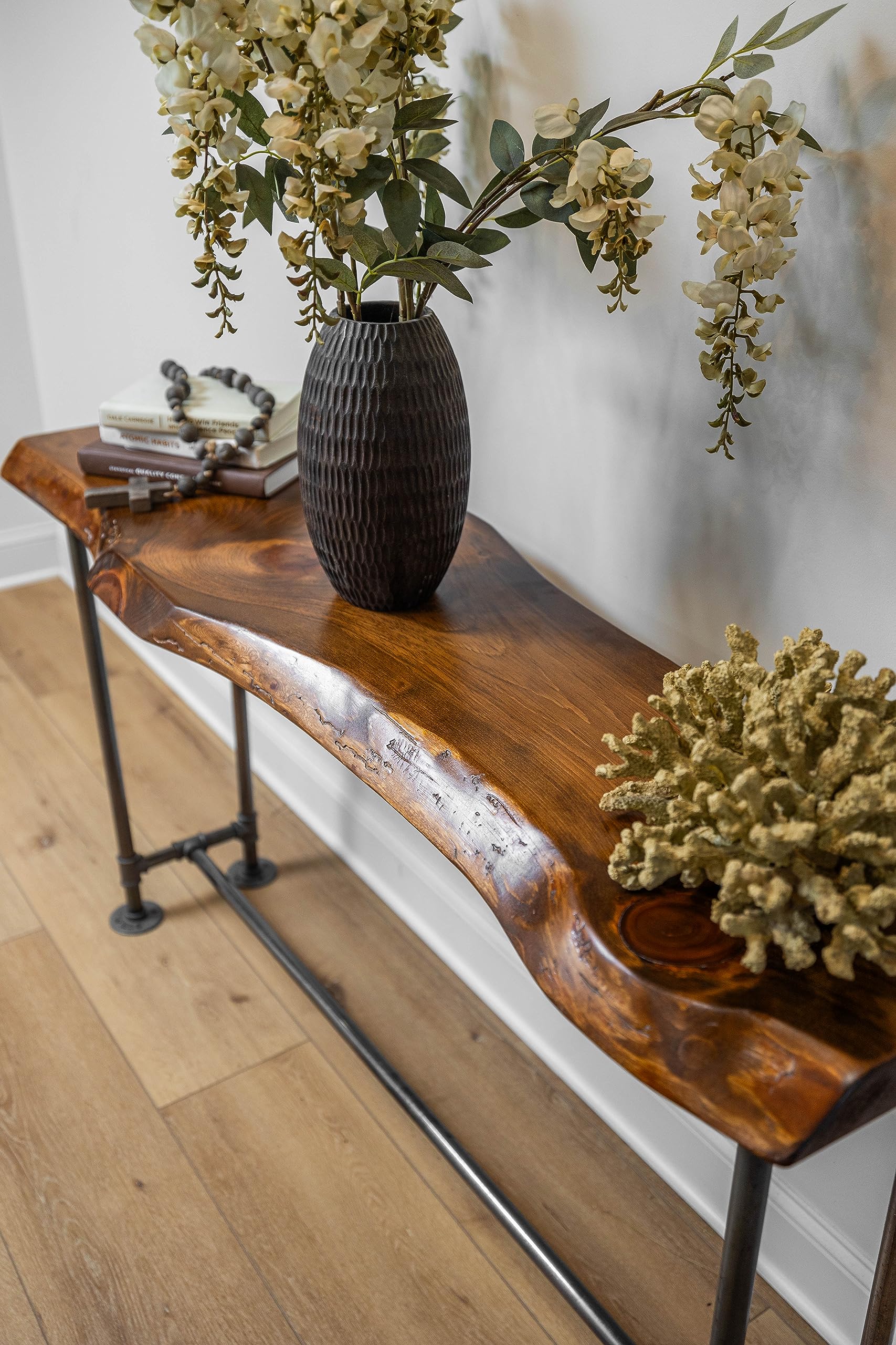 Industrial Pipe Sofa Table - Live Edge Wood Console Table for Entryway, Behind Couch or Hallway - Rustic Honey Pine Finish - Perfect for Farmhouse, Industrial & Modern Home Decor