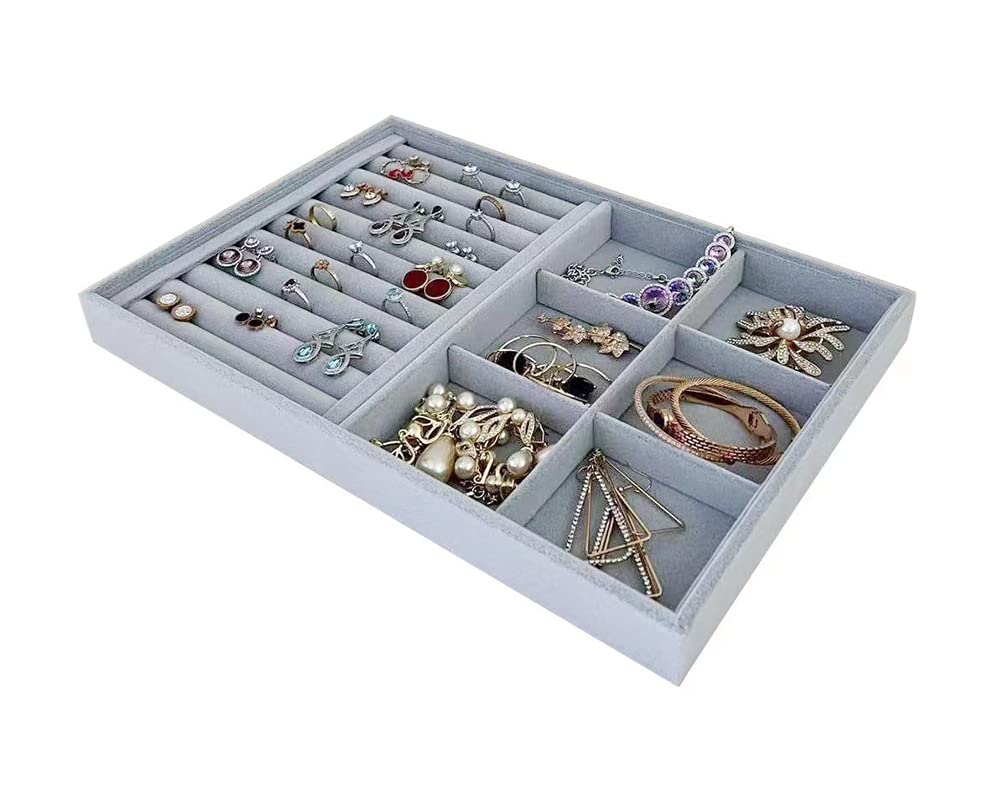 Premium Velvet Jewelry Organizer Tray - Grey Stackable Drawer Insert with Ring & 6 Grid Compartments | Perfect for Necklace, Earring & Ring Storage | Jewelry Box Organizer for Dresser, Vanity & Travel