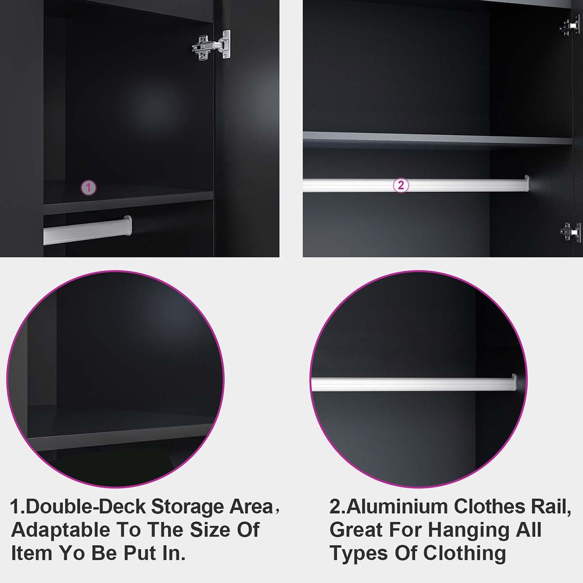 2 Door Wardrobe with Mirror - High Gloss Finish Large Storage Cabinet for Bedroom & Closet Organization - Modern Furniture for Home & Office Use