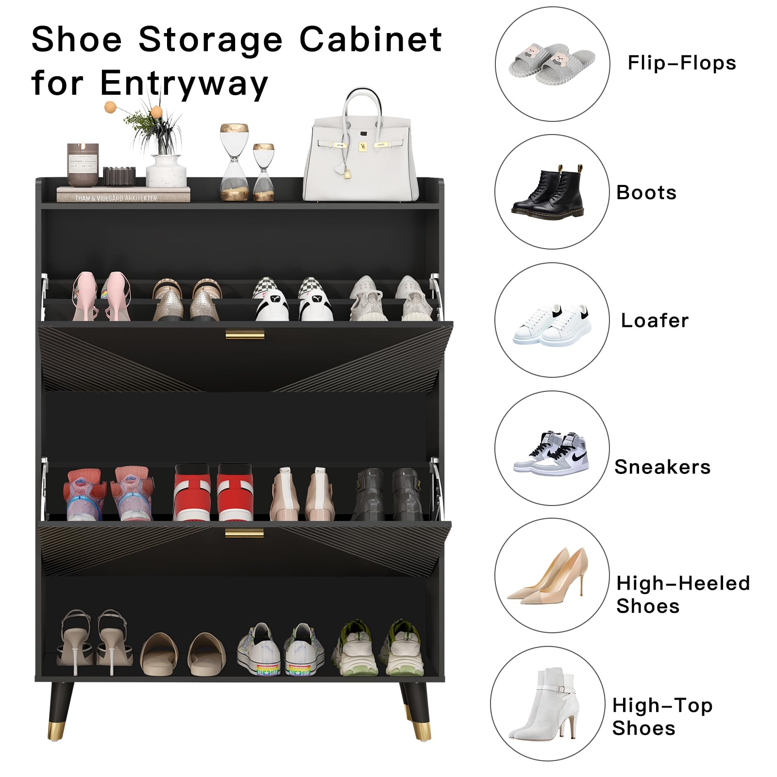 Slim Wooden Shoe Storage Cabinet with 2 Flip Drawers - Freestanding Shoe Organizer with Cubby and Shelf, Holds 24 Pairs - Hidden Narrow Shoe Rack for Entryway, Hallway, Closet, or Bedroom - Black