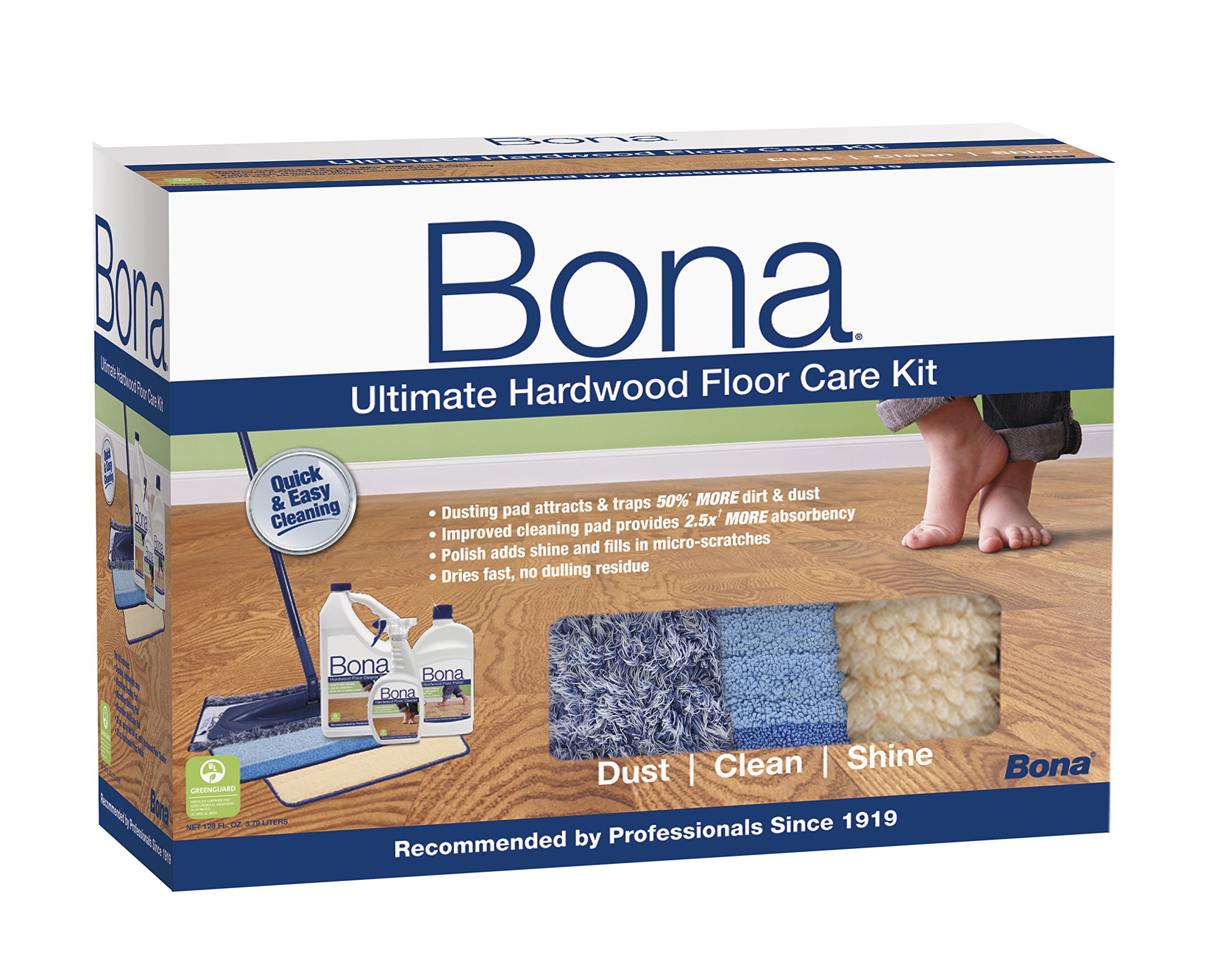 Bona Ultimate Hardwood Floor Care Kit - Includes Microfiber Mop, Cleaning Pads, Dusting Pad, Floor Cleaner & Polish Refill - Best for Wood Floor Maintenance & Shine - Perfect for Homes, Offices & High-Traffic Areas