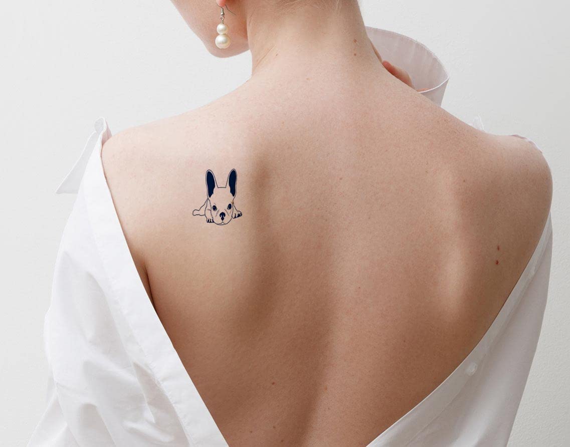 Long-Lasting 1-2 Weeks Semi-Permanent Temporary Tattoo Ink - Realistic Bulldog & French Bulldog Designs for Adults | Navy Blue Fake Tattoos for Men & Women (Chest, Neck, Arm) | Perfect for Pet Lovers, Costume Parties & Tattoo Tryouts (4 Sheets)
