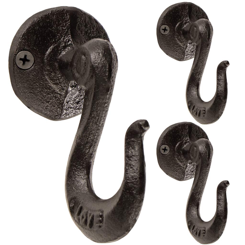 Vintage Cast Iron Wall Hooks - Rustic Decorative Coat Hangers for Entryway, Farmhouse & Bedroom - Heavy Duty Key Holder with Antique Finish - Pack of 3 - Perfect for Organizing Coats, Hats & Bags in Living Room, Closet or Mudroom