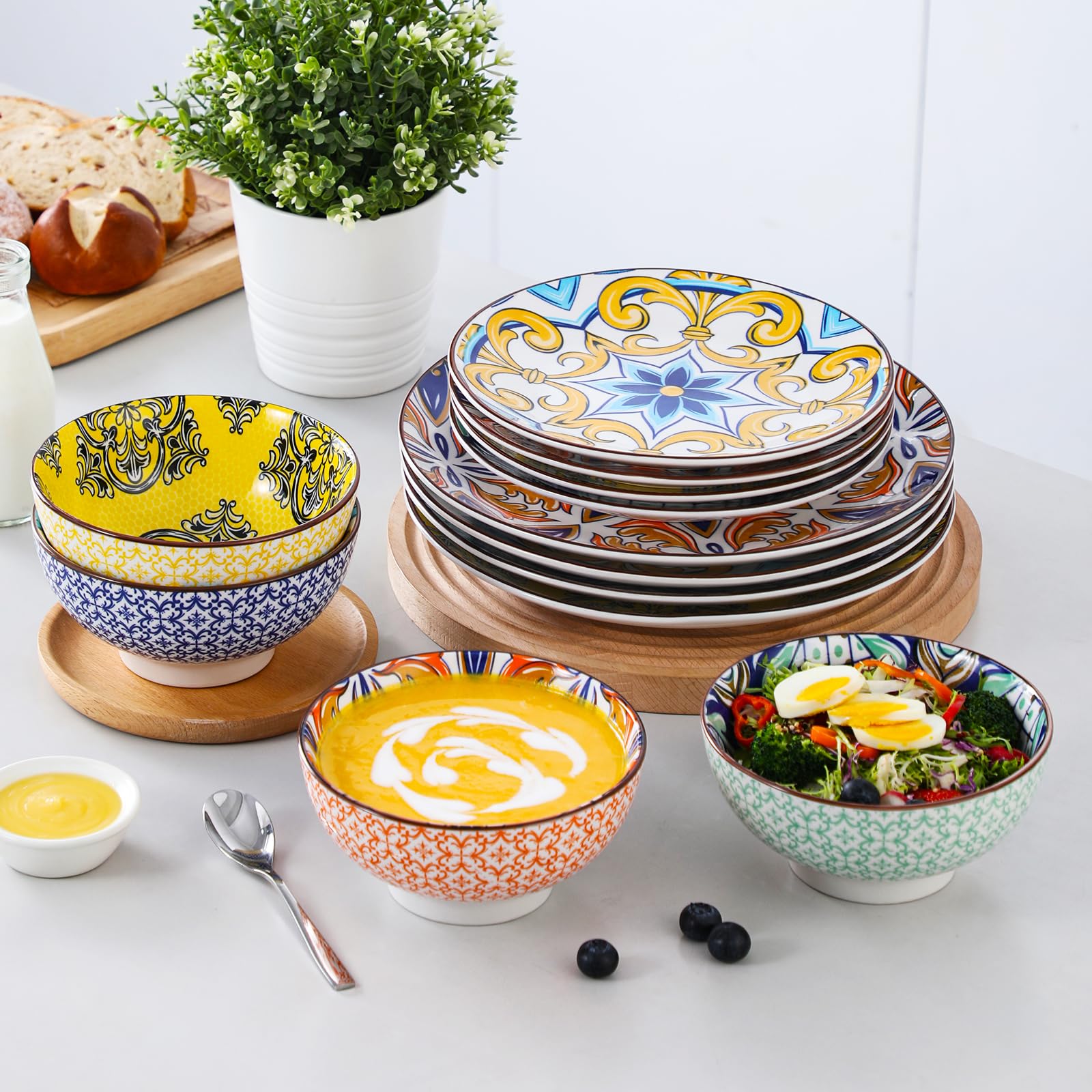Vancasso 12-Piece Porcelain Dinnerware Set for 4 - Chip Resistant Ceramic Plates & Bowls - Hand-Painted Arabic Style Jasmine Series - Elegant Dining Tableware for Family Meals, Dinner Parties & Restaurant Use