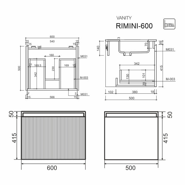 Belbagno Rimini Wall-Mounted Bathroom Vanity in Potter's Clay - Modern Floating Vanity for Small Bathrooms, Powder Rooms & Contemporary Home Decor