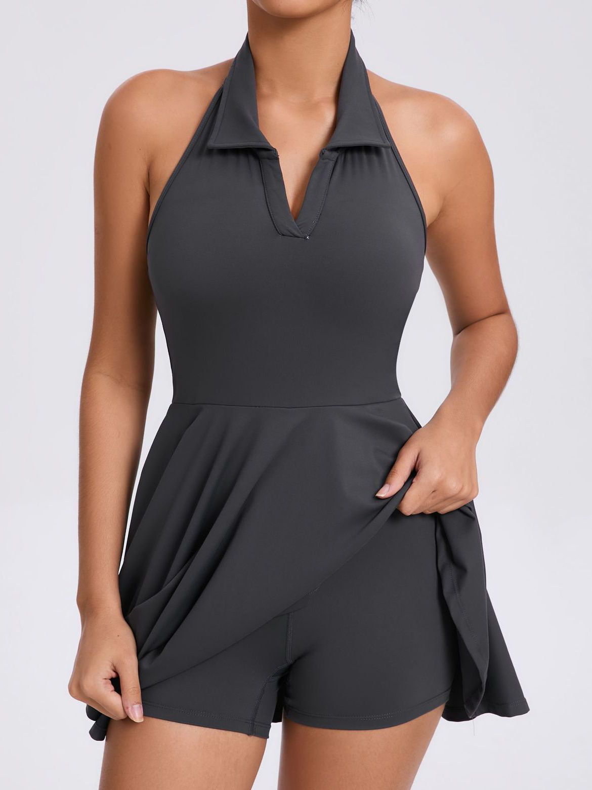 ZASUWA Women's Stand Up Collar Backless 2-in-1 Pocket Short Sleeve Dress for Summer Outfits, Beach Wear, and Casual Occasions