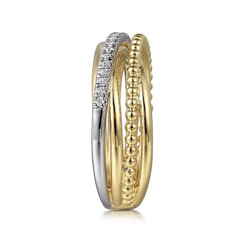 14K White & Yellow Gold Diamond Criss Cross Women's Ring - Elegant Stackable Jewelry for Weddings, Anniversaries & Special Occasions