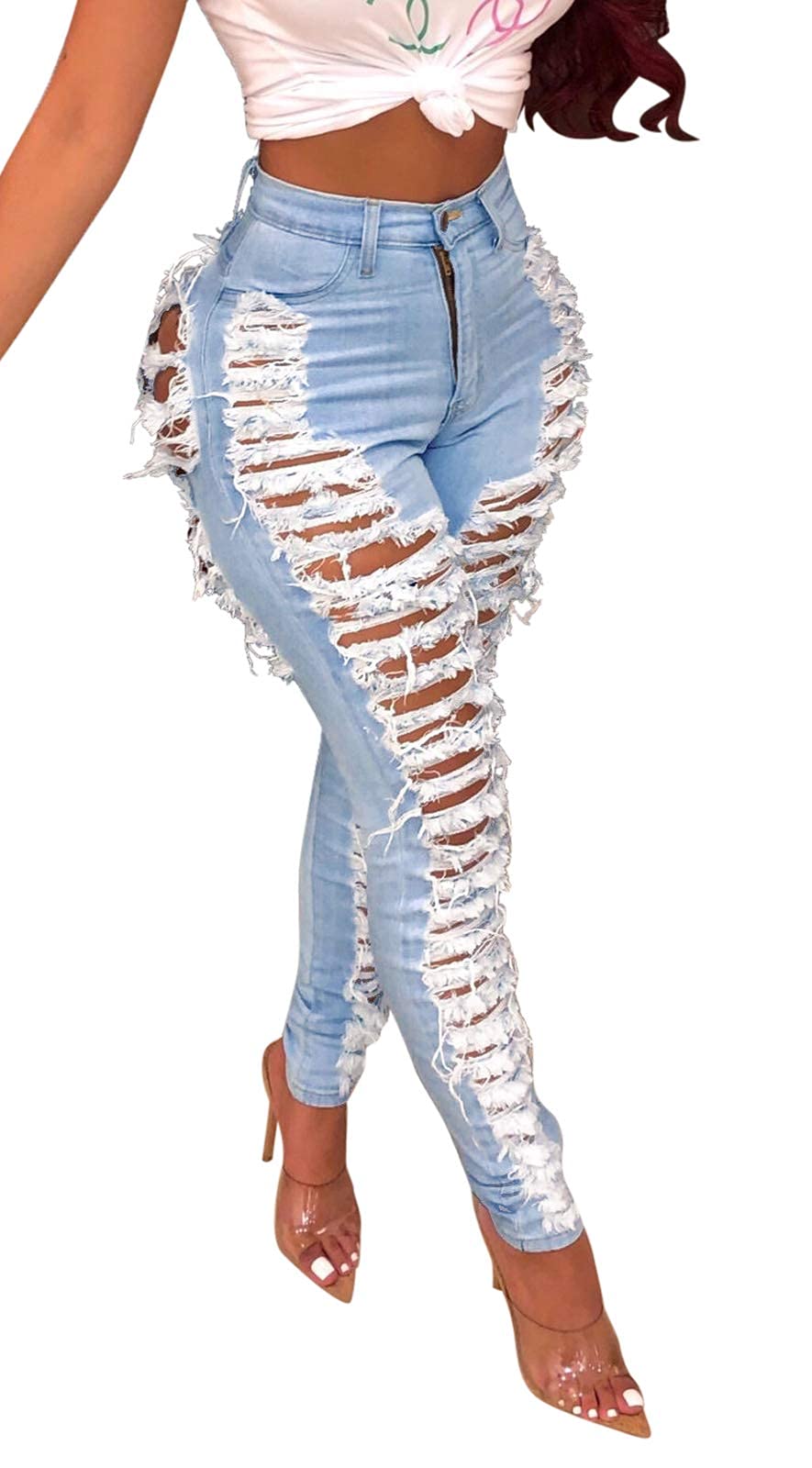 Women's Skinny Ripped Jeans - Stretch Destroyed Denim Pants with Mid High Waist | Perfect for Casual Outfits, Streetwear & Everyday Fashion